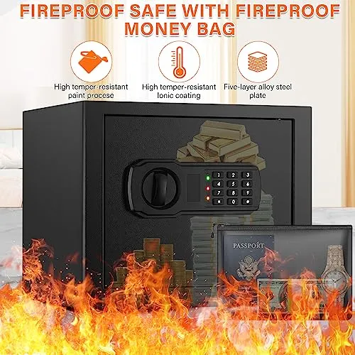 1.2 Cu Ft Home Safe Fireproof Waterproof, Small Fireproof Safe Box with Fireproof Money Bag, Programmable Keypad and Removable Shelf, Security Digital Safe for Home Money Firearm Medicines Valuables