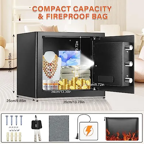 1.2 Cu Ft Home Safe Fireproof Waterproof, Small Fireproof Safe Box with Fireproof Money Bag, Programmable Keypad and Removable Shelf, Security Digital Safe for Home Money Firearm Medicines Valuables