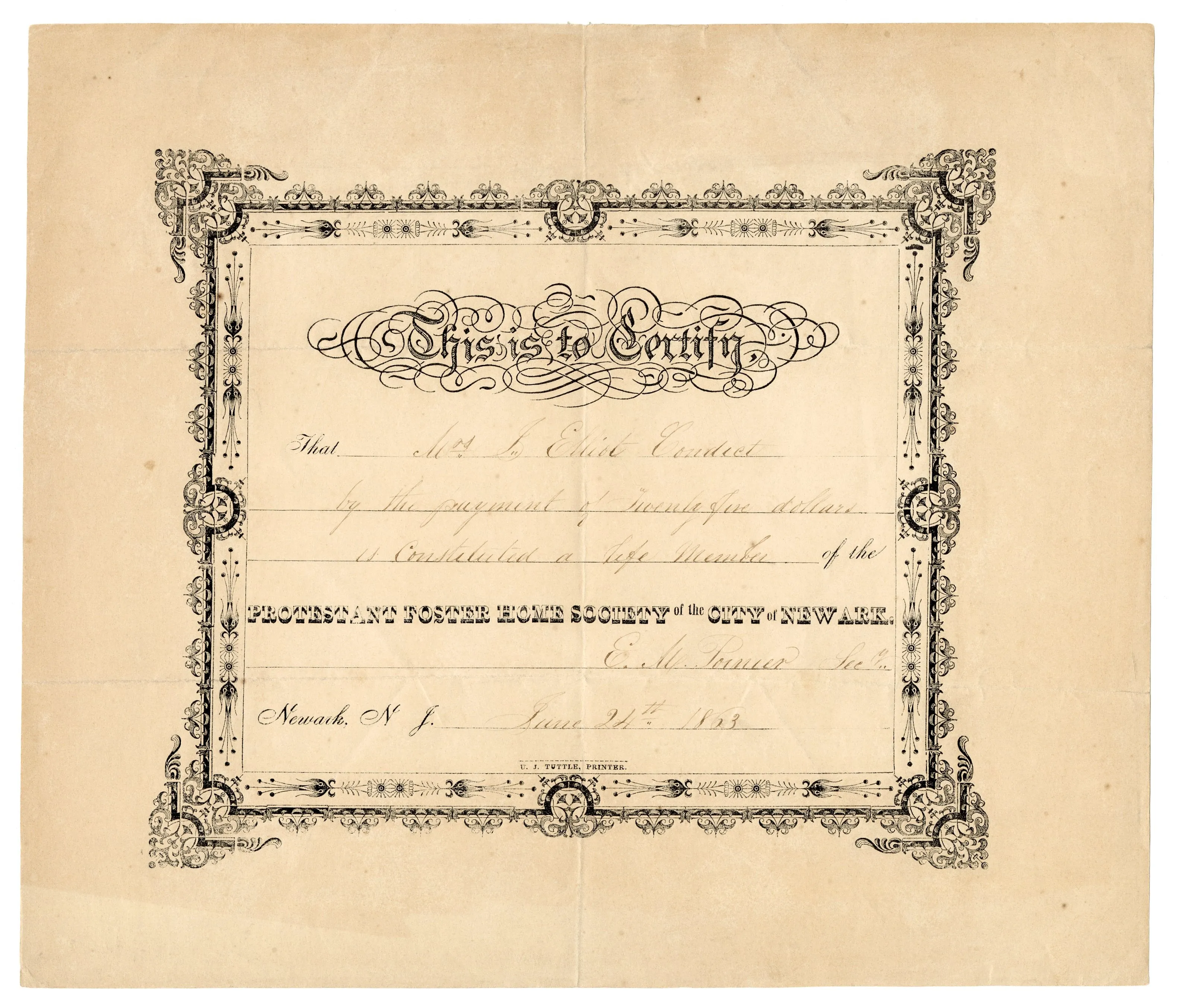 1863 PROTESTANT FOSTER HOME SOCIETY of Newark CERTIFICATE, Ornament