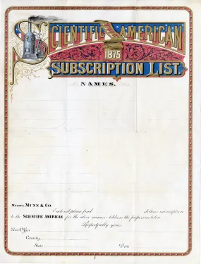 1875 SCIENTIFIC AMERICAN MAGAZINE SUBSCRIPTION LIST, Blank Letterhead