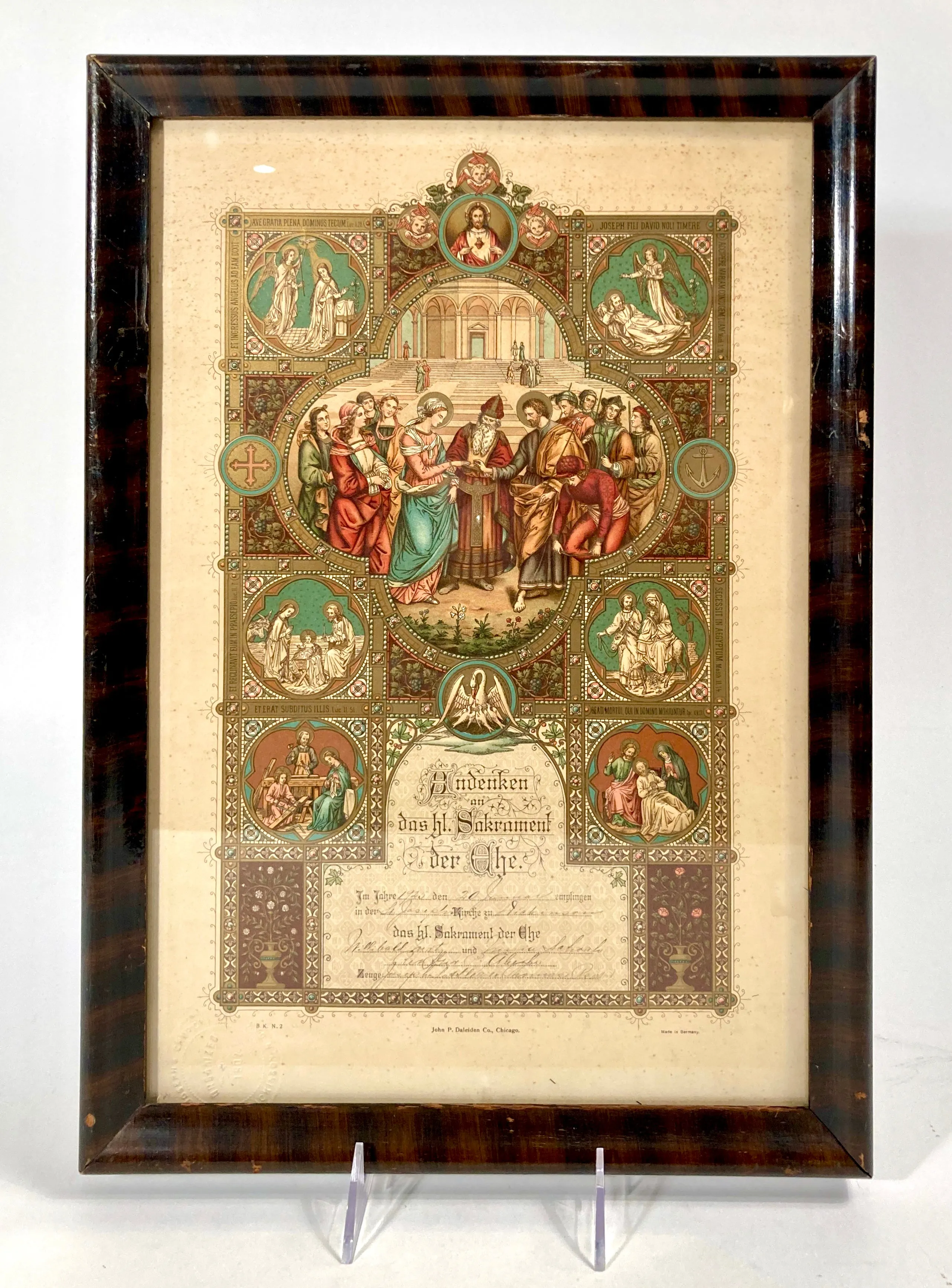 1925 Framed German Marriage Certificate, Scenes from Christ's Life, Biblical