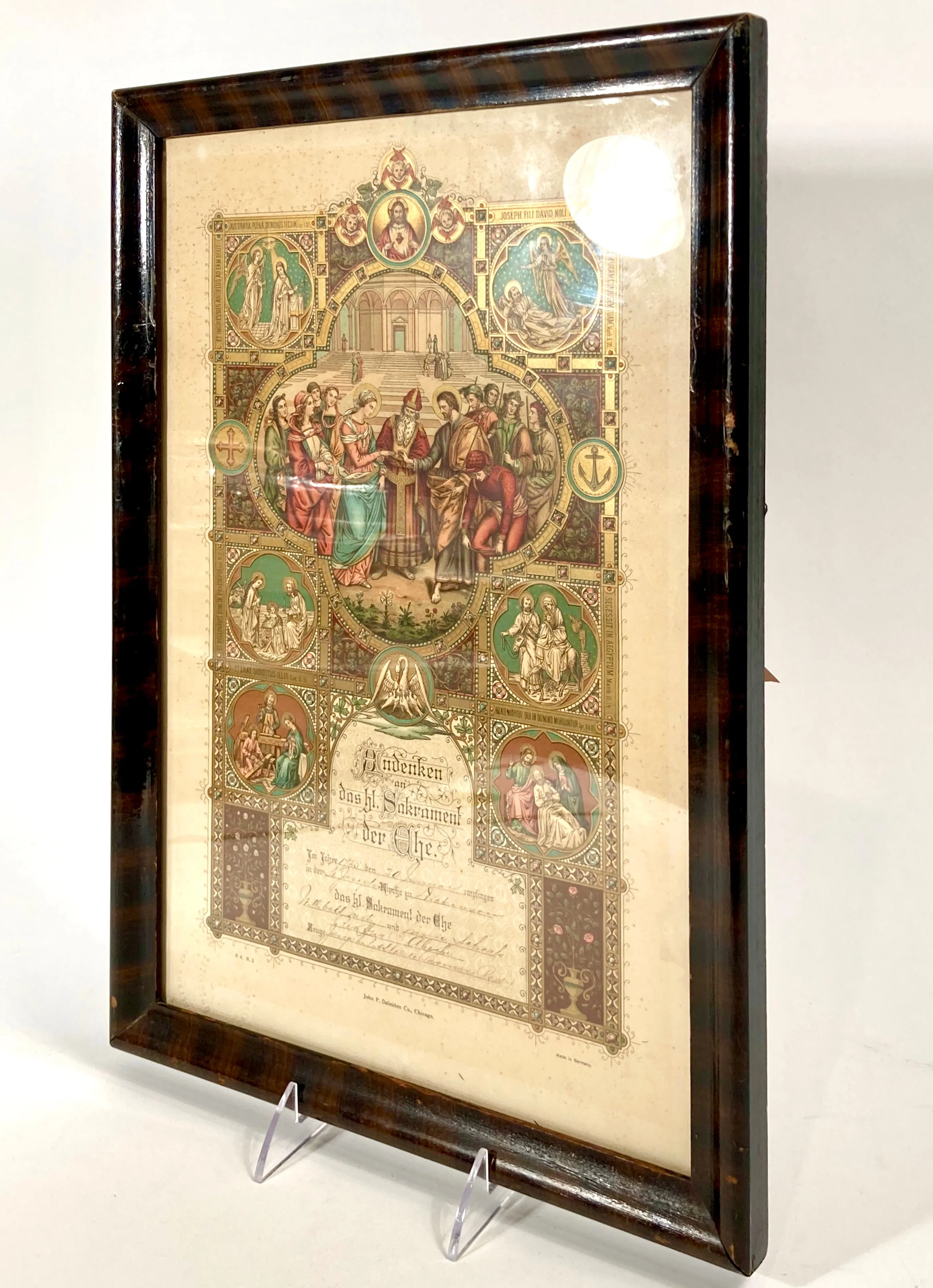 1925 Framed German Marriage Certificate, Scenes from Christ's Life, Biblical