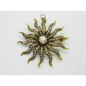 Antique Victorian Old Euro Diamond & Seed Pearl Sun Brooch Pendant 14k Gold