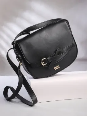 Berrylush Women Solid Black PU Buckle-Up Regular Bucket Sling Bag