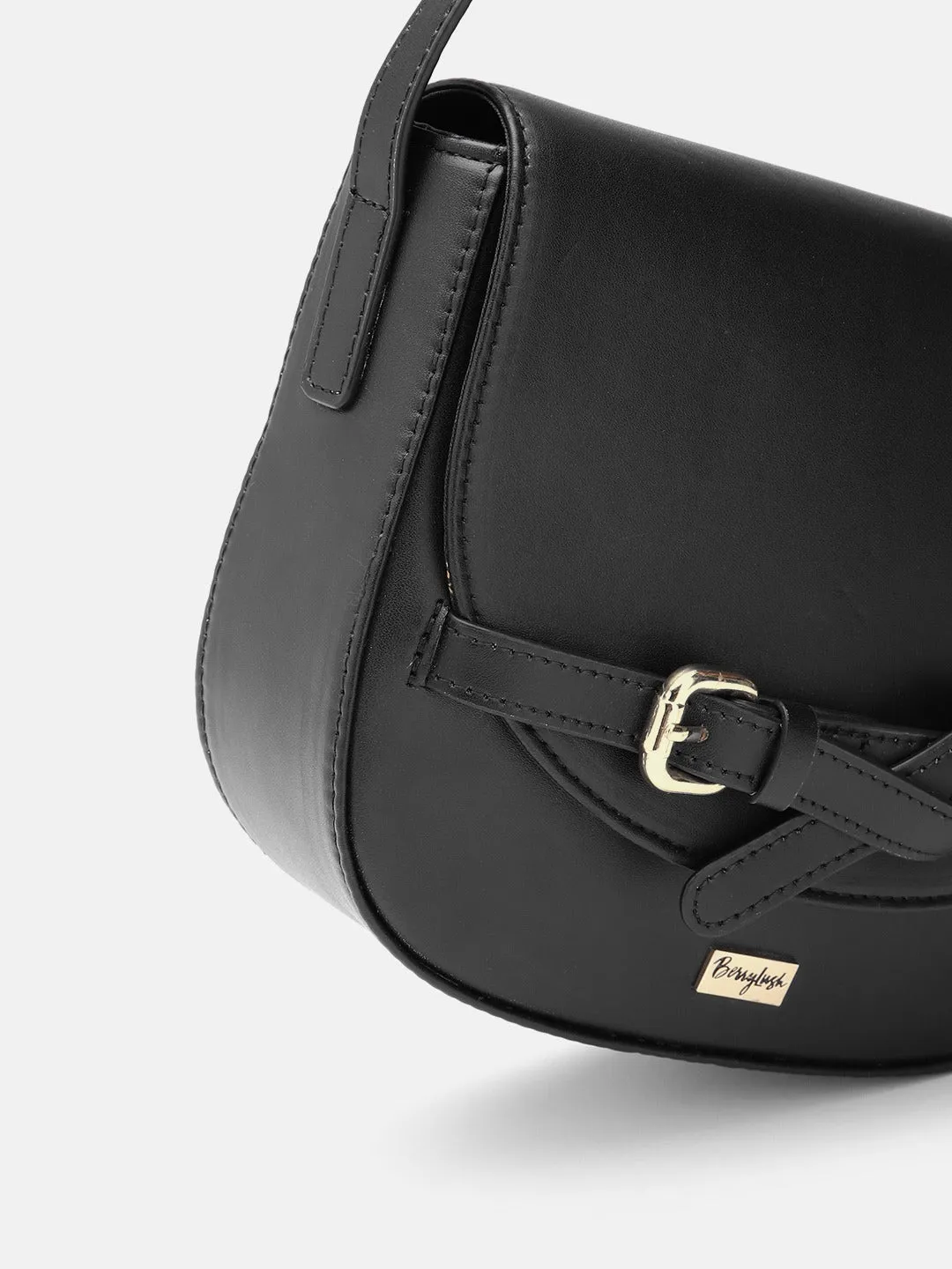 Berrylush Women Solid Black PU Buckle-Up Regular Bucket Sling Bag