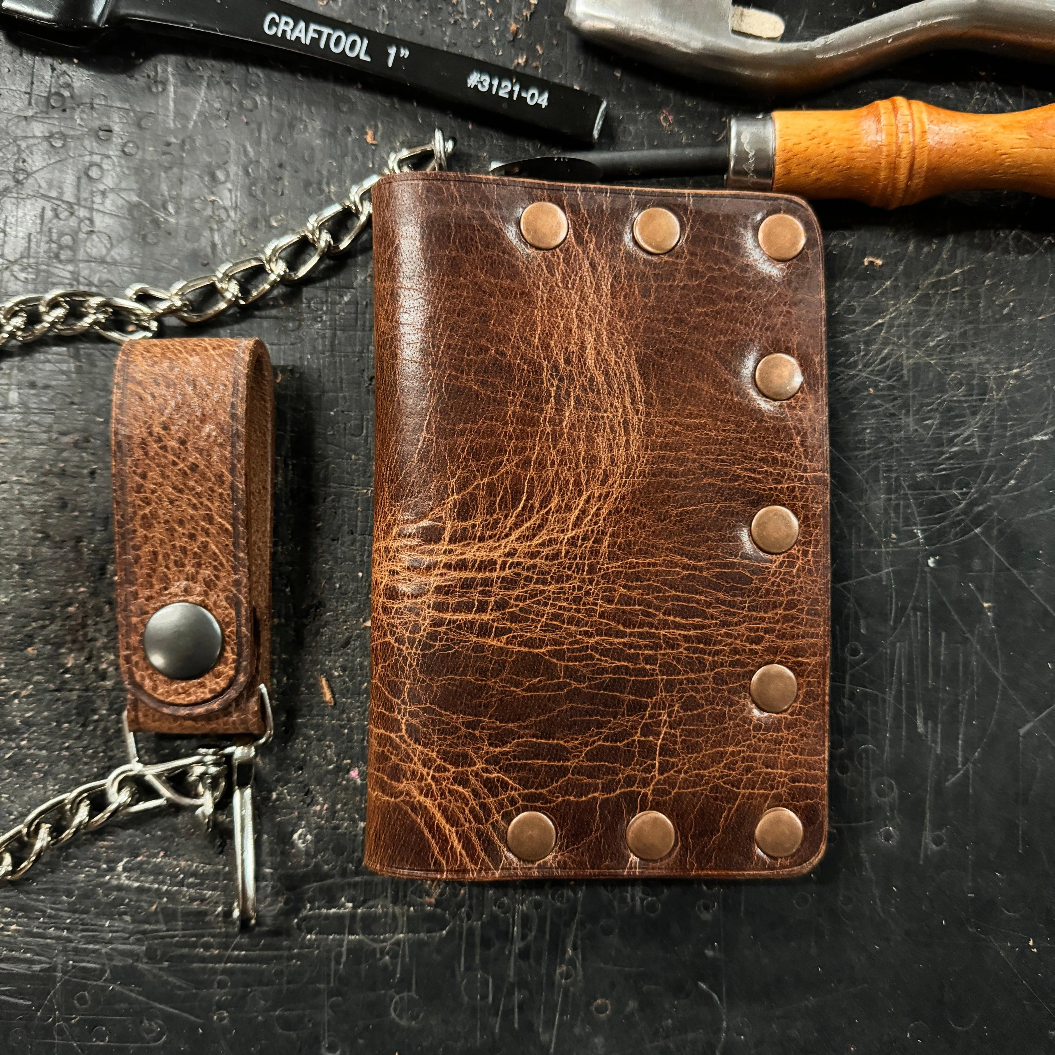 Biker Bifold Chain Wallet - Vintage Glazed Buffalo Leather Bifold Wallet with Copper Hardware