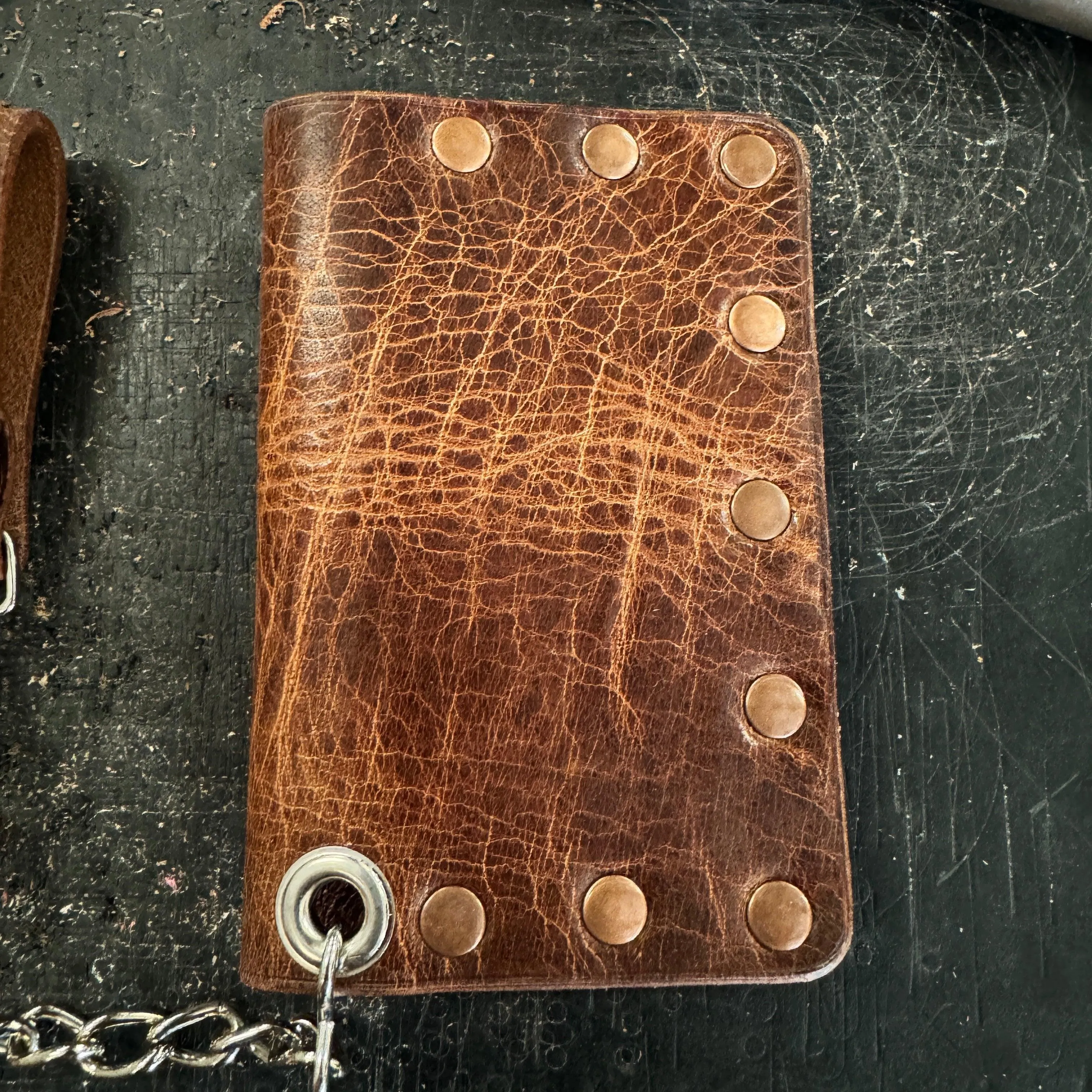 Biker Bifold Chain Wallet - Vintage Glazed Buffalo Leather Bifold Wallet with Copper Hardware