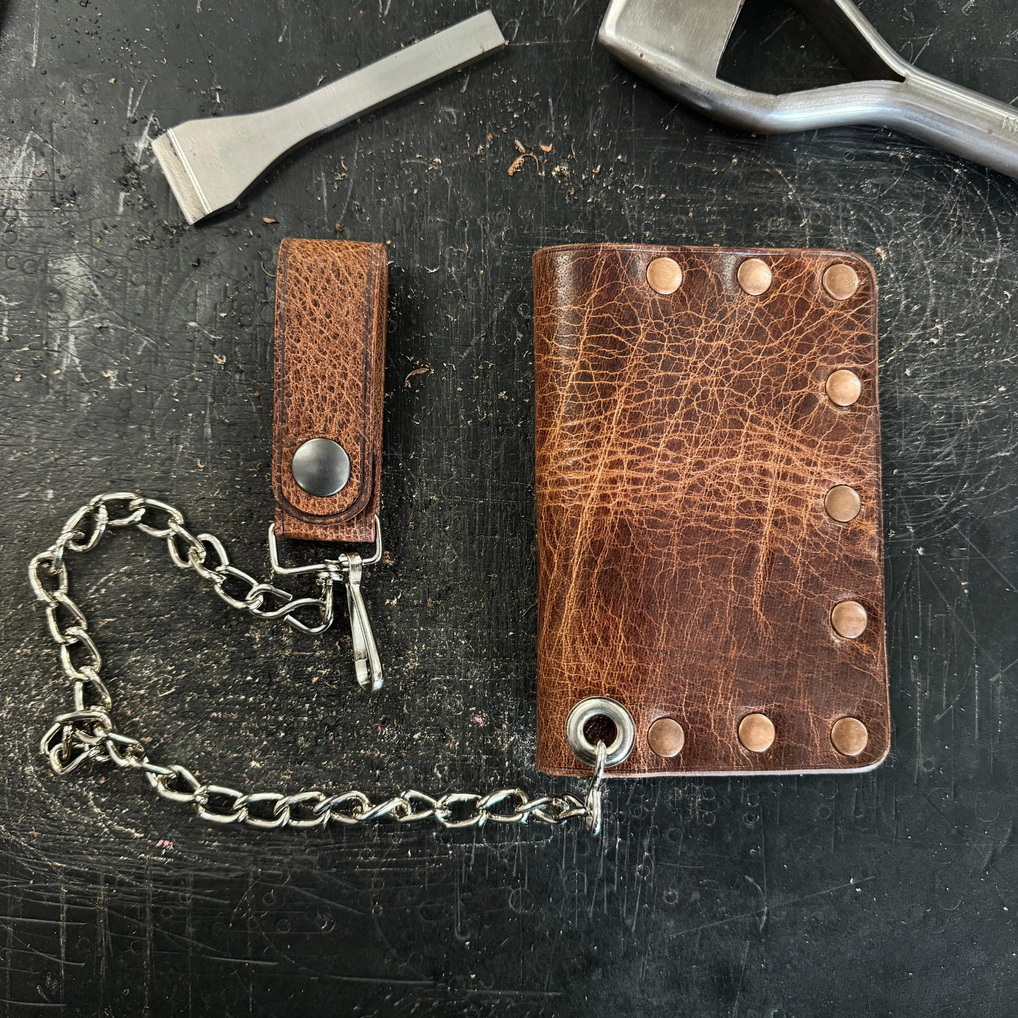 Biker Bifold Chain Wallet - Vintage Glazed Buffalo Leather Bifold Wallet with Copper Hardware