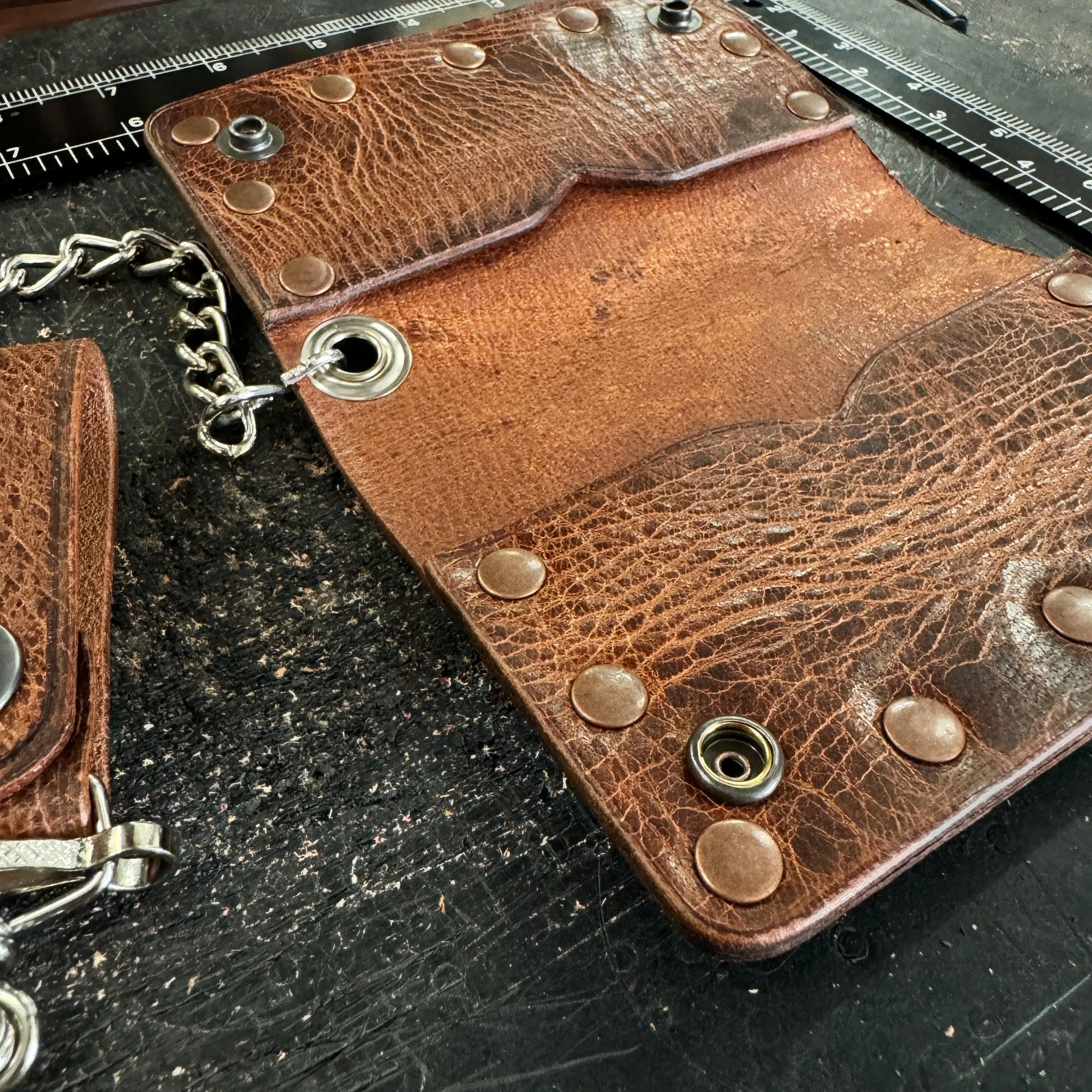 Biker Bifold Chain Wallet - Vintage Glazed Buffalo Leather Bifold Wallet with Copper Hardware