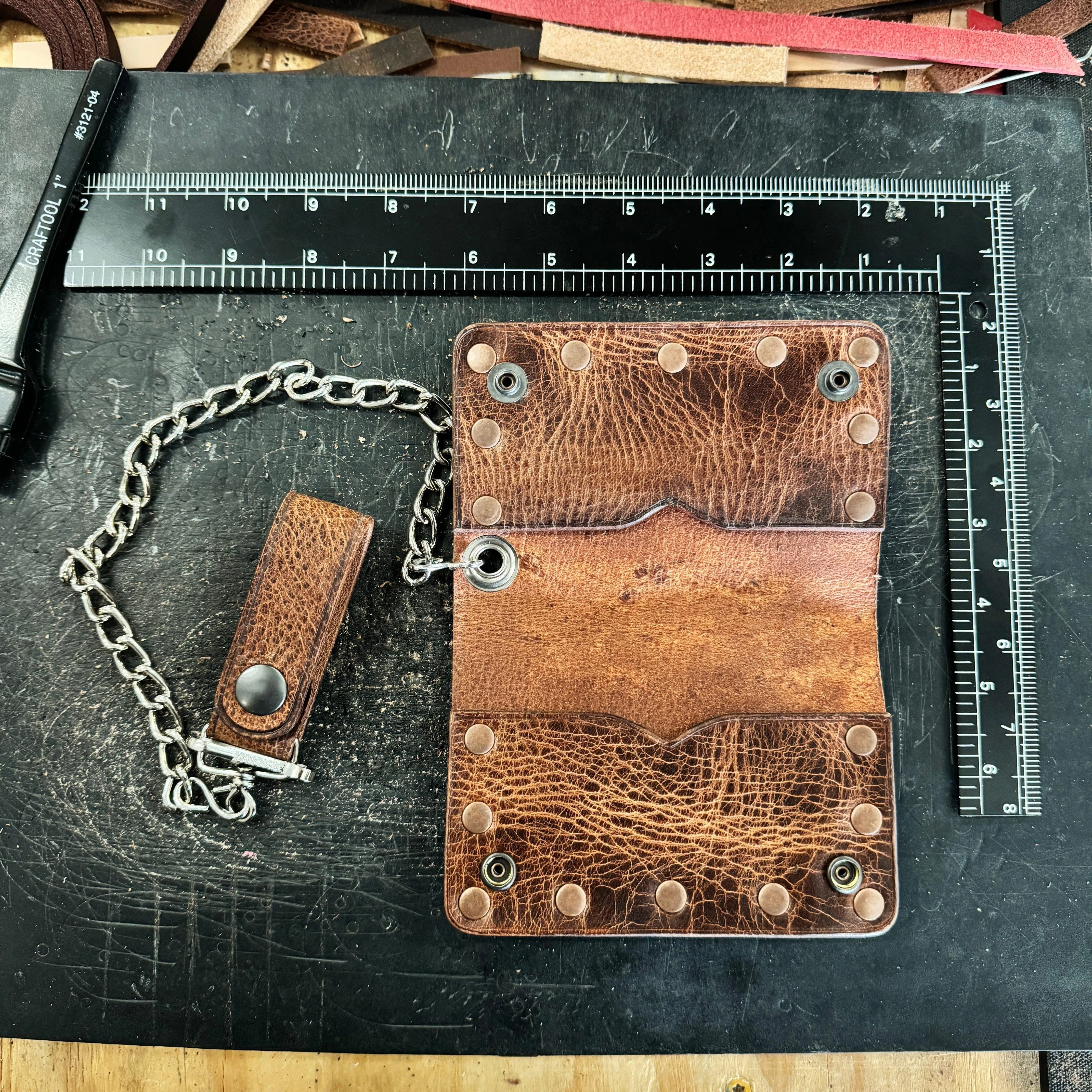 Biker Bifold Chain Wallet - Vintage Glazed Buffalo Leather Bifold Wallet with Copper Hardware