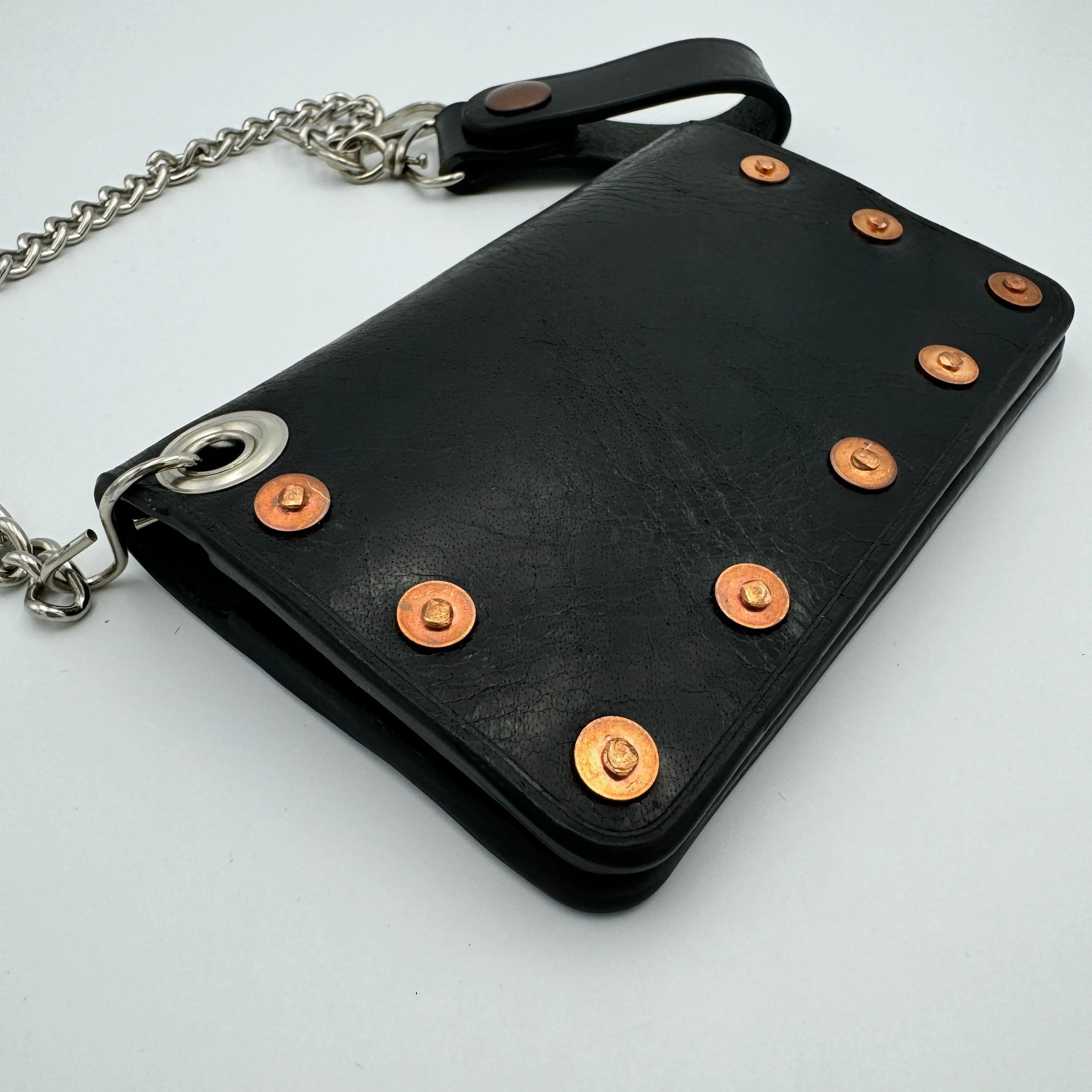 Biker Bifold Chain Wallet - Vintage Glazed Buffalo Leather Bifold Wallet with Copper Hardware