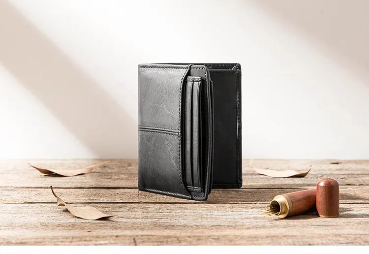 Black Cool Leather Mens Slim Small Wallets Bifold Vintage billfold Wallet Card Wallet for Men