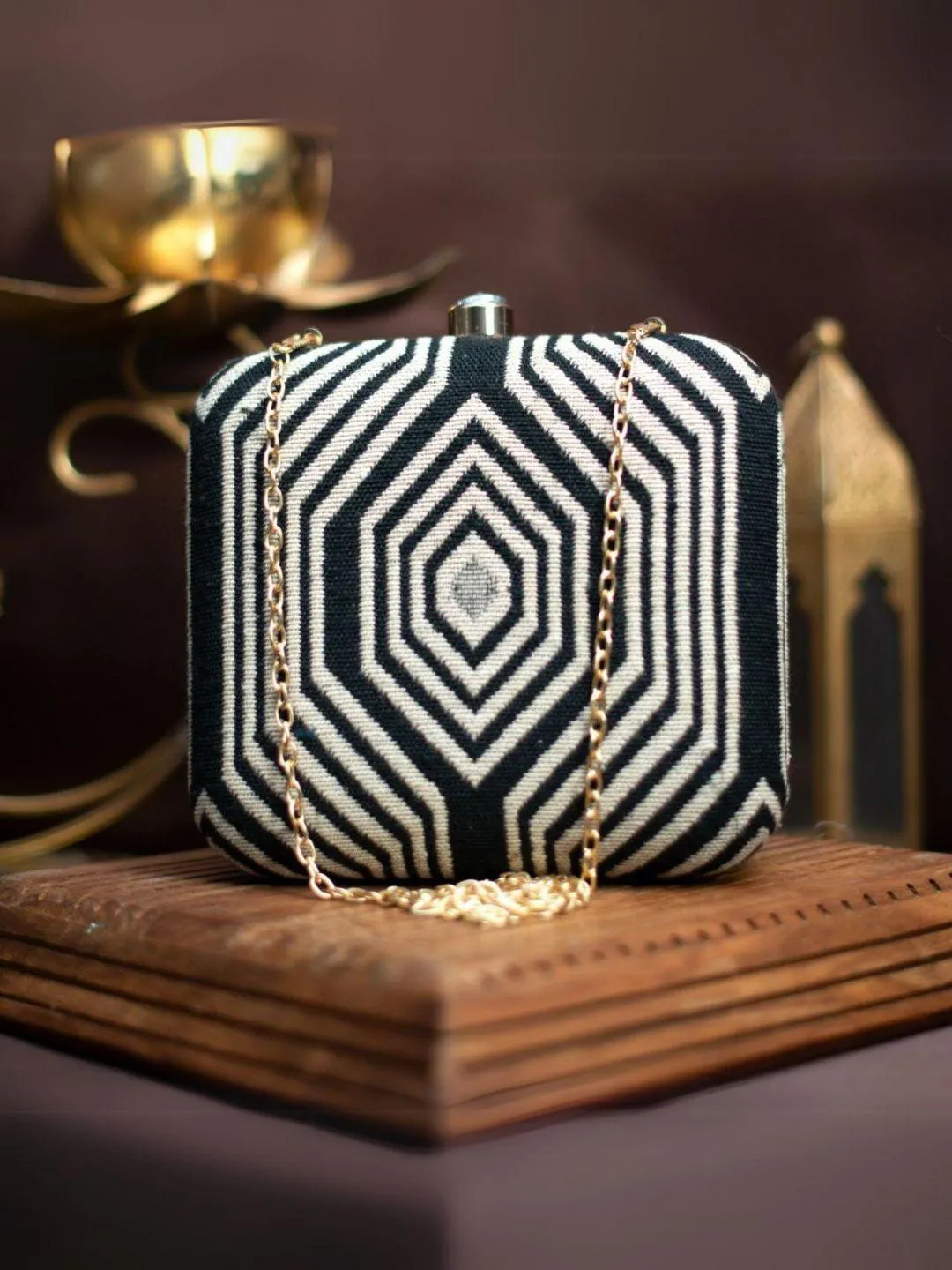 Black Handloom Jacquard Fabric Clutch Bag