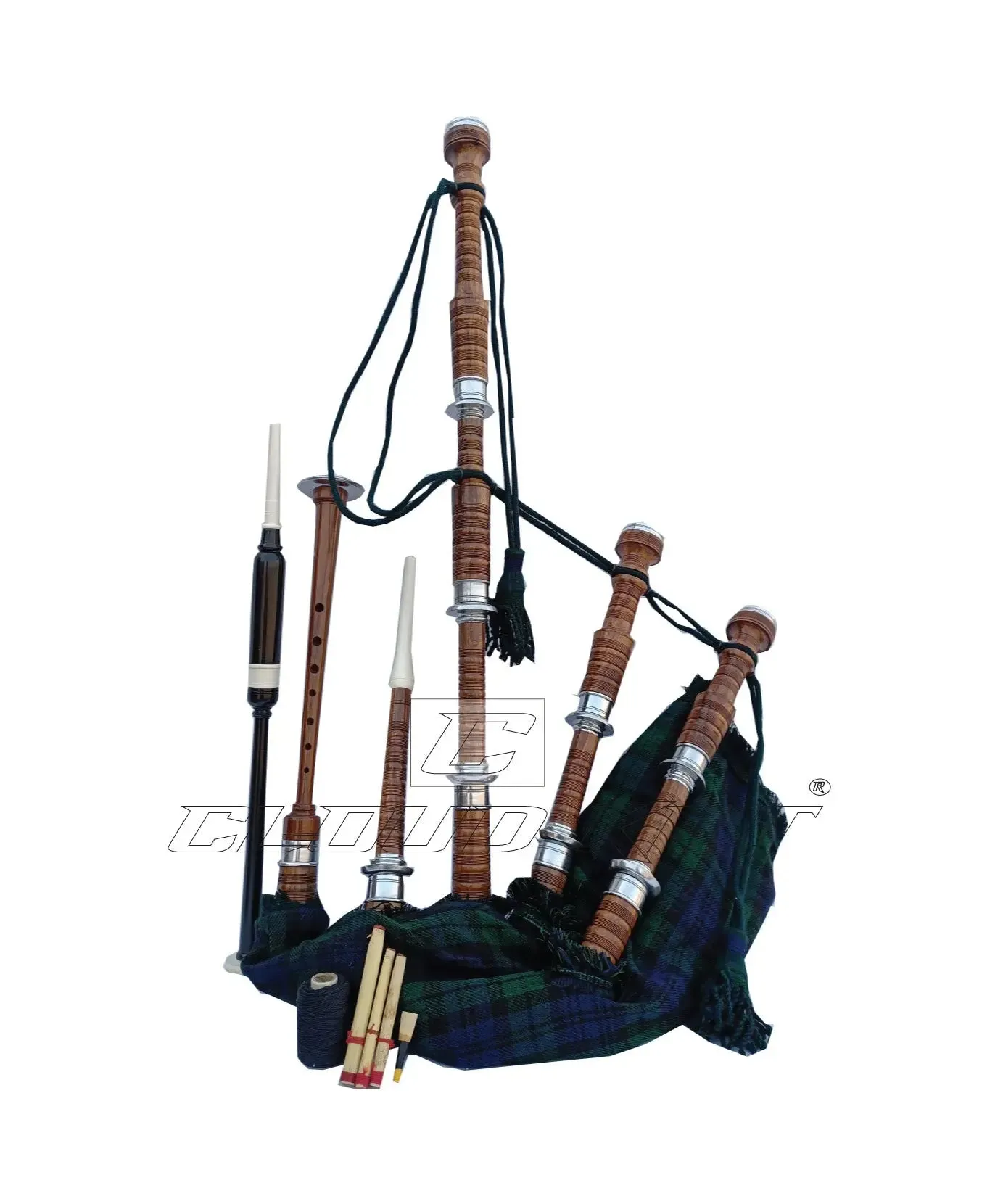 Black Watch Tartan Bagpipe Set Brown & Silver Finish With Hard Case