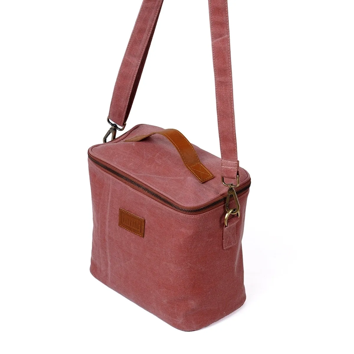 Brick Red waxed canvas lunch bag, snack bag, with insulation lining, 9.5X8.5X5 inches