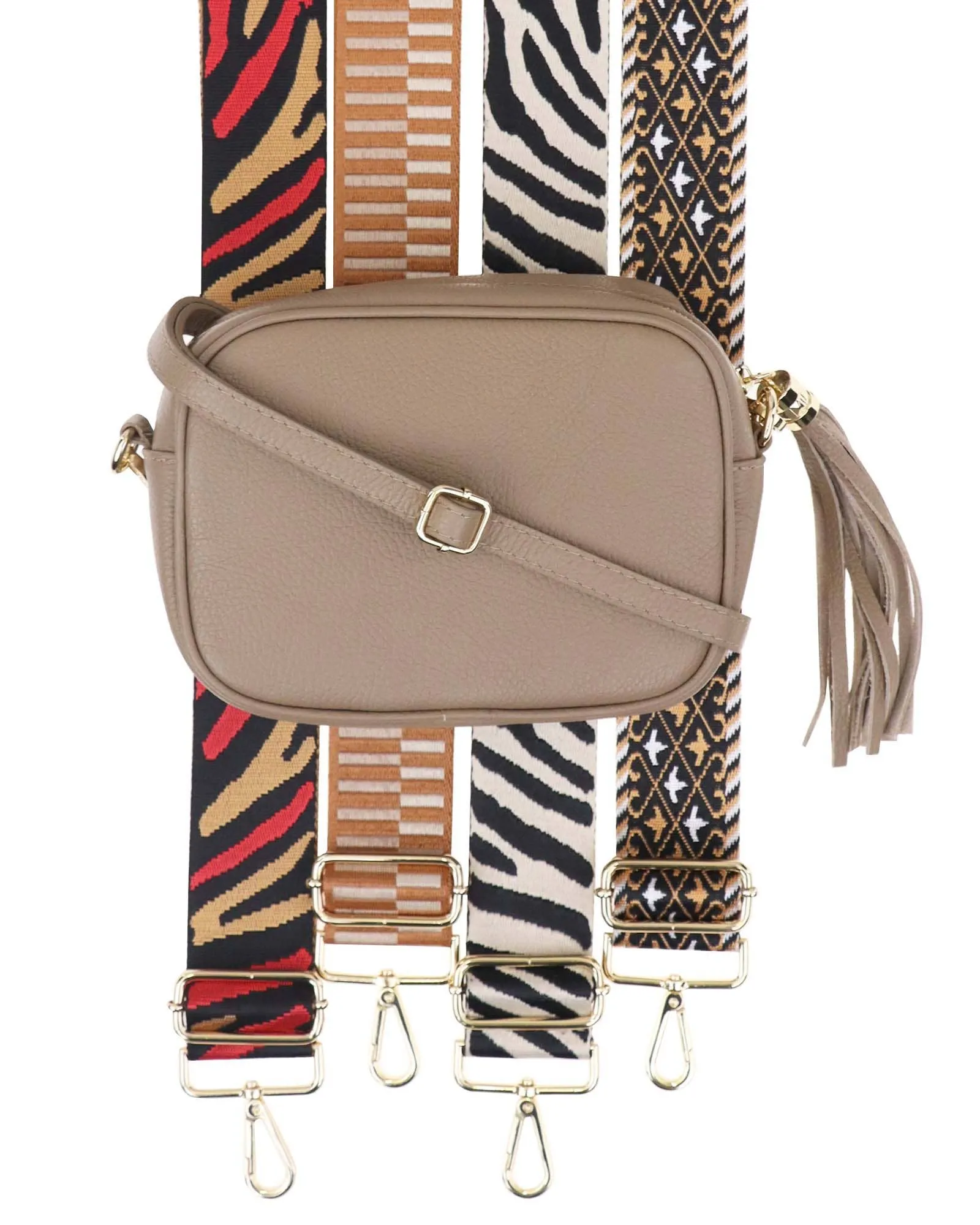 Cadenza Tassel Crossbody Leather Camera Bag: Taupe