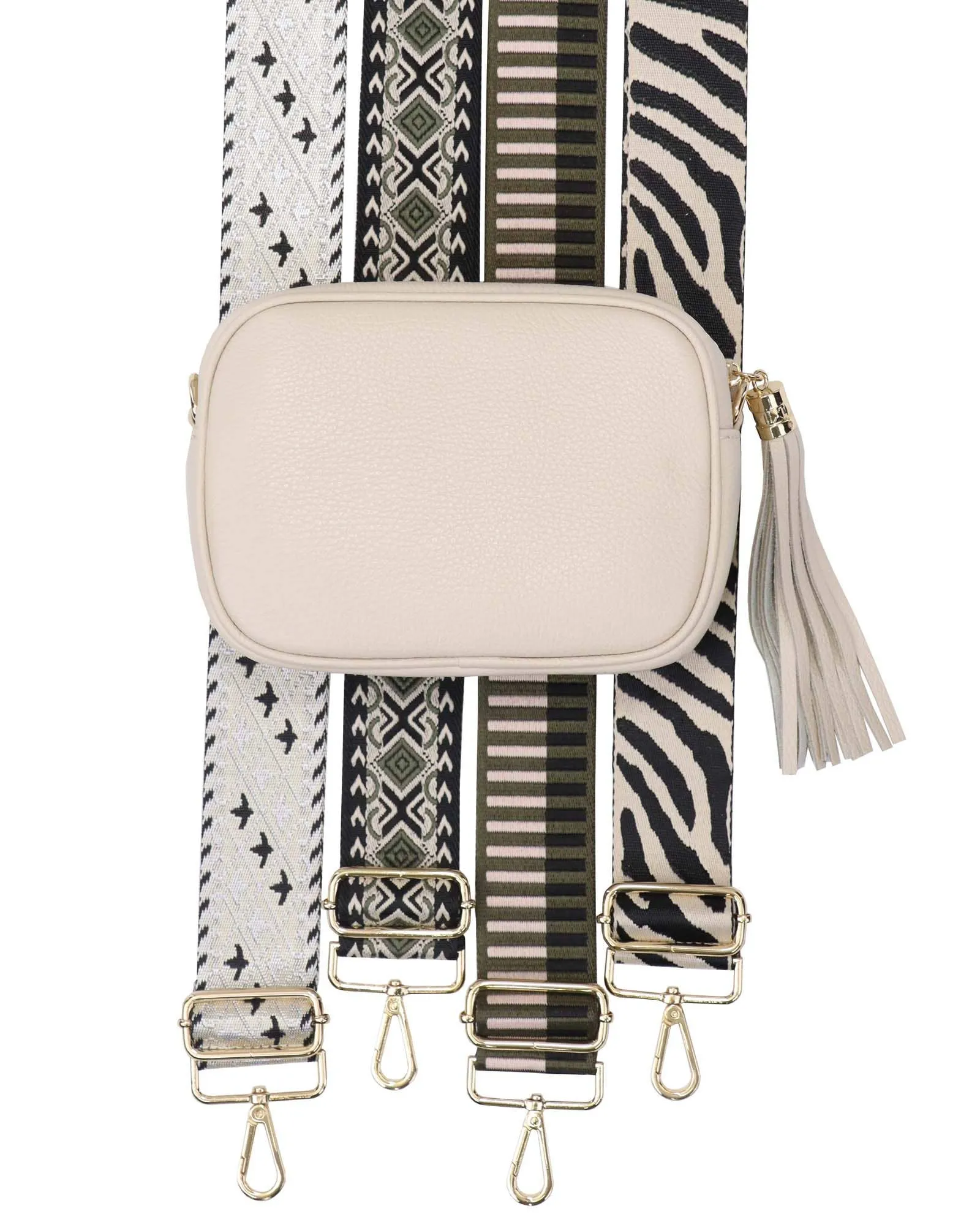 Cadenza Tassel Crossbody Leather Camera Bag: Taupe