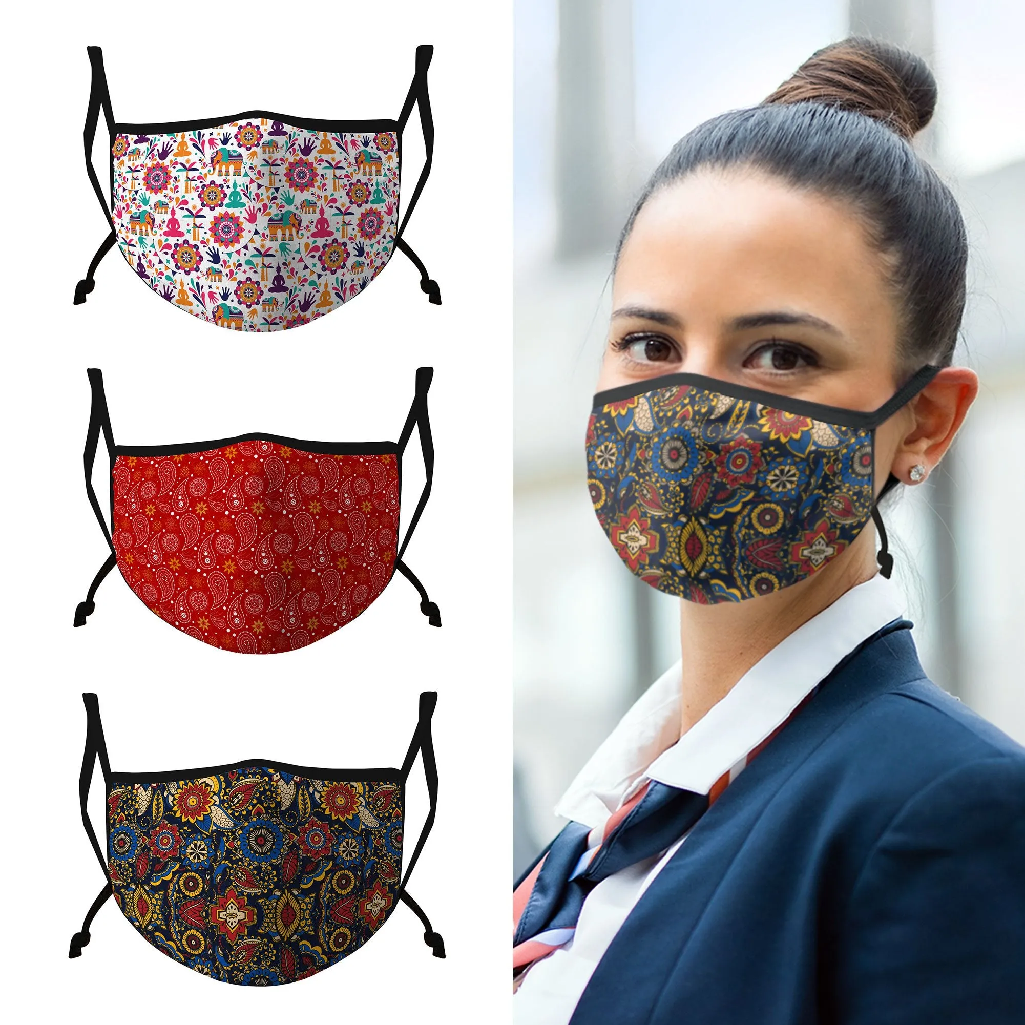 Casaba 3 Pack Face Masks Stylish Cultural Prints Cotton Poly Adjustable Washable Reusable Double Layer Pocket Filter