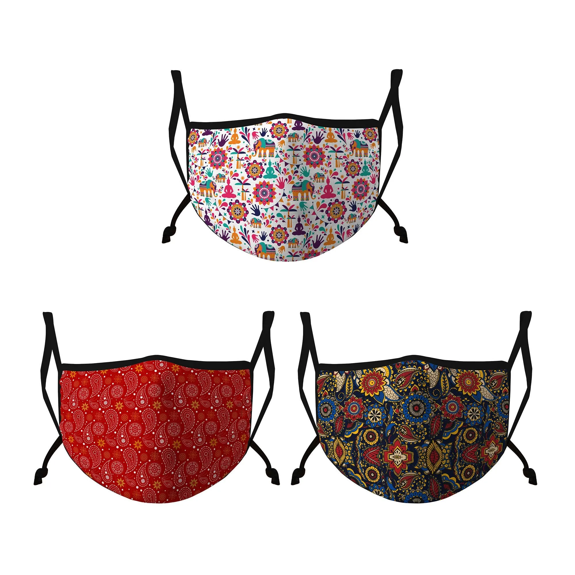 Casaba 3 Pack Face Masks Stylish Cultural Prints Cotton Poly Adjustable Washable Reusable Double Layer Pocket Filter