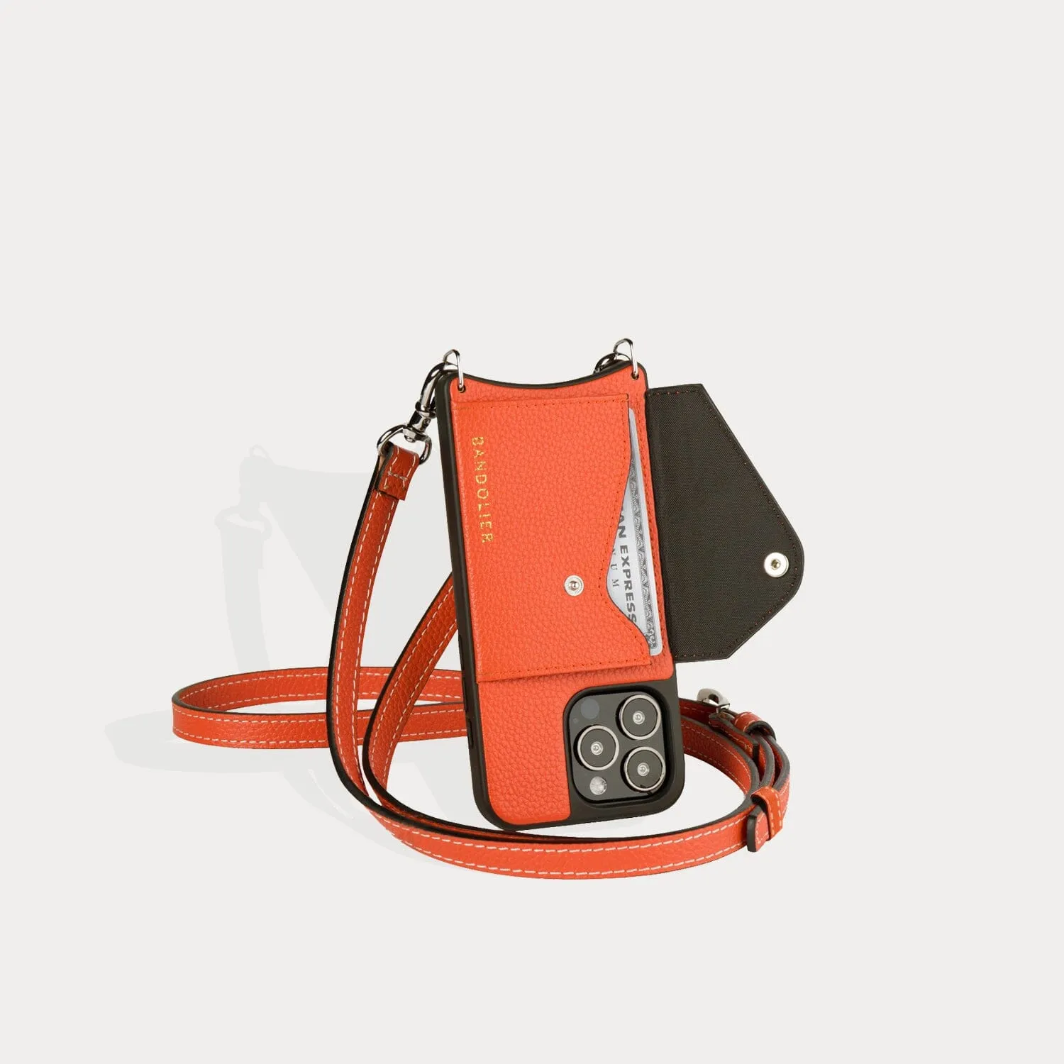 Casey Side Slot Pebble Leather Crossbody Bandolier - Orange/Silver