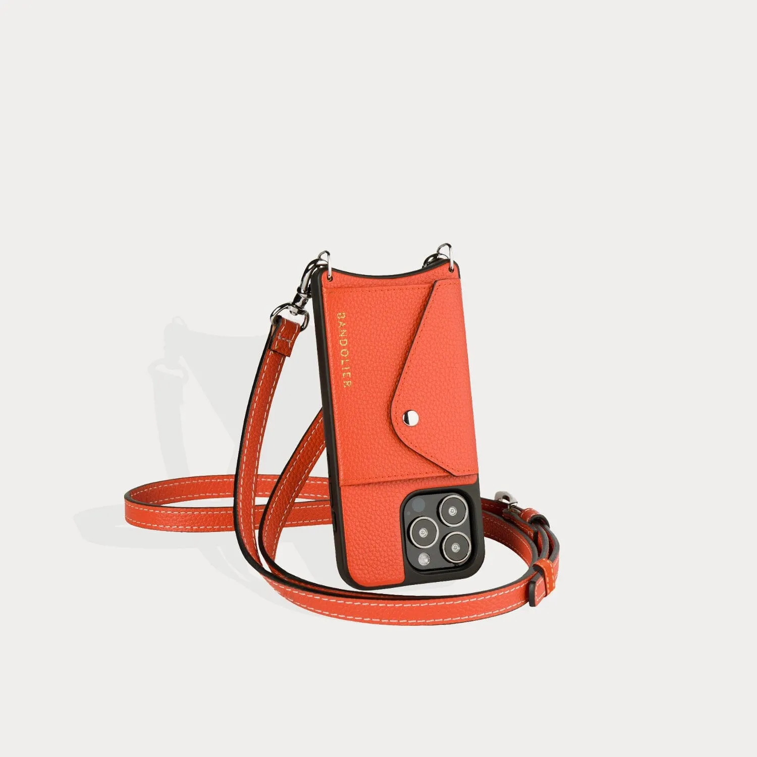 Casey Side Slot Pebble Leather Crossbody Bandolier - Orange/Silver