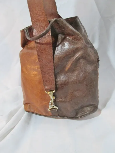 COSTA PIEL LEATHER Color Block Satchel Hobo Bag Bucket Sling BROWN Boho