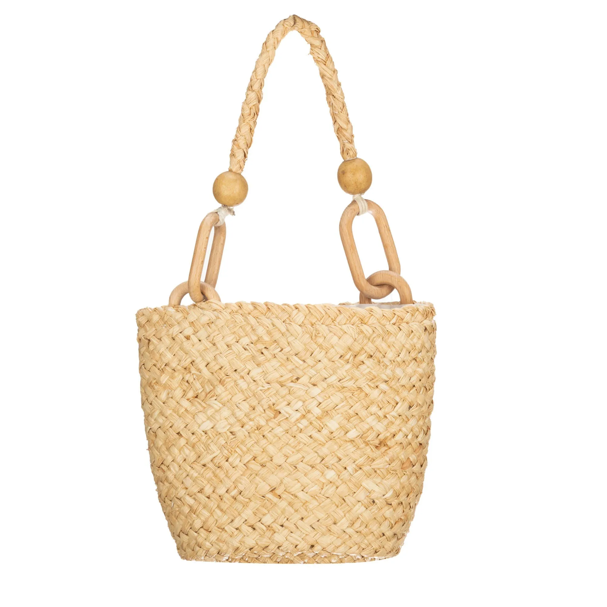 Easy Breezy - Woven Bucket Handbag with Wooden Handle