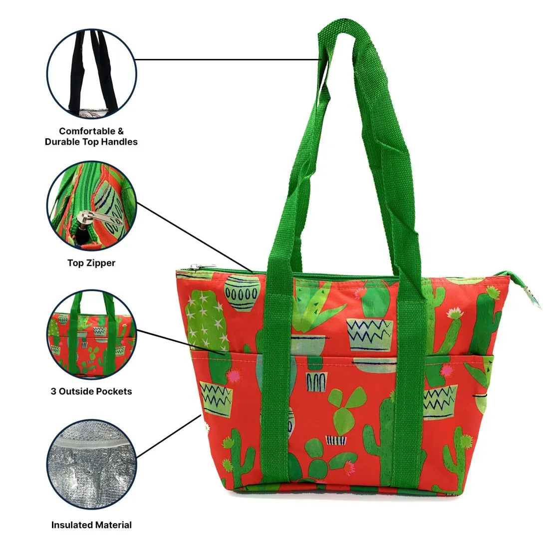 Empire Cove 2 Piece Gift Set Cactus Large Tote Bag Insulated Lunch Bag Cooler