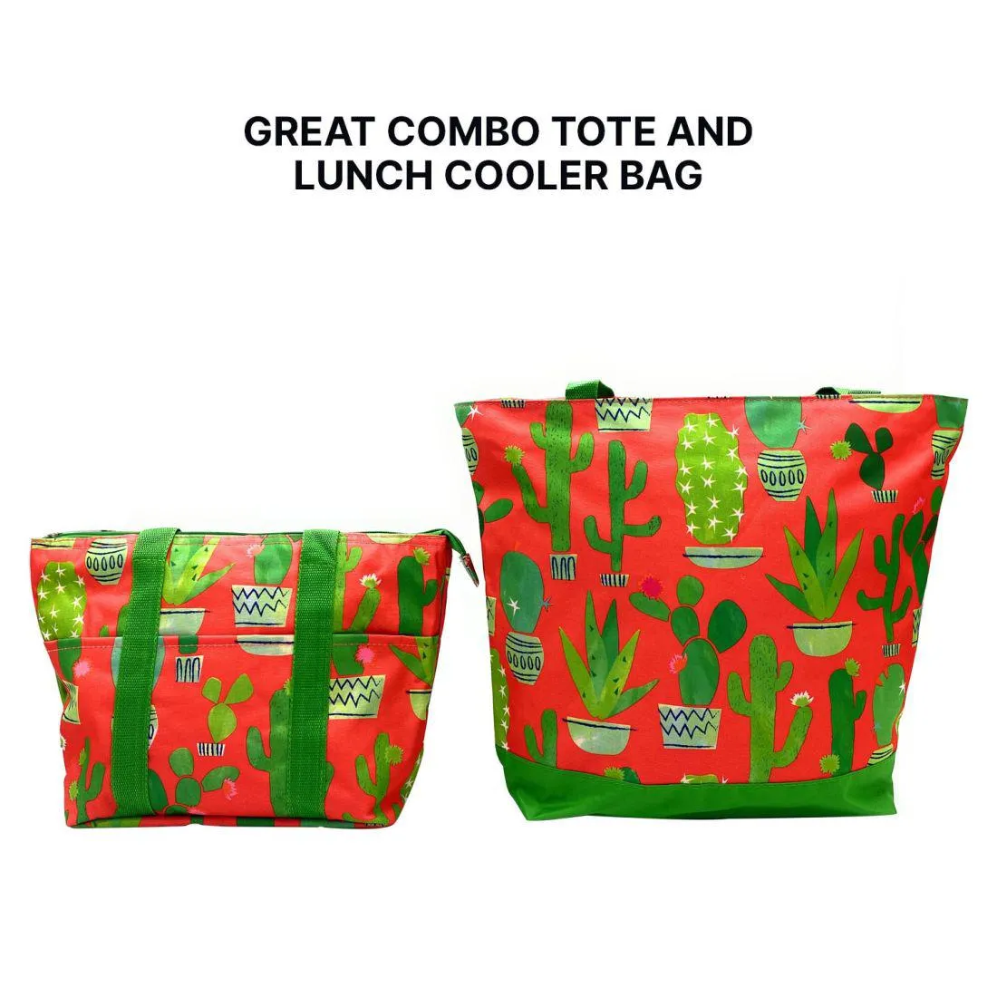 Empire Cove 2 Piece Gift Set Cactus Large Tote Bag Insulated Lunch Bag Cooler