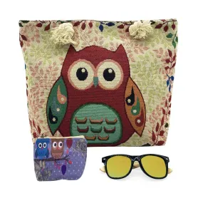 Empire Cove Womens 3 Piece Gift Set Cute Owl Tote Bag Coin Pouch Sunglasses Travel