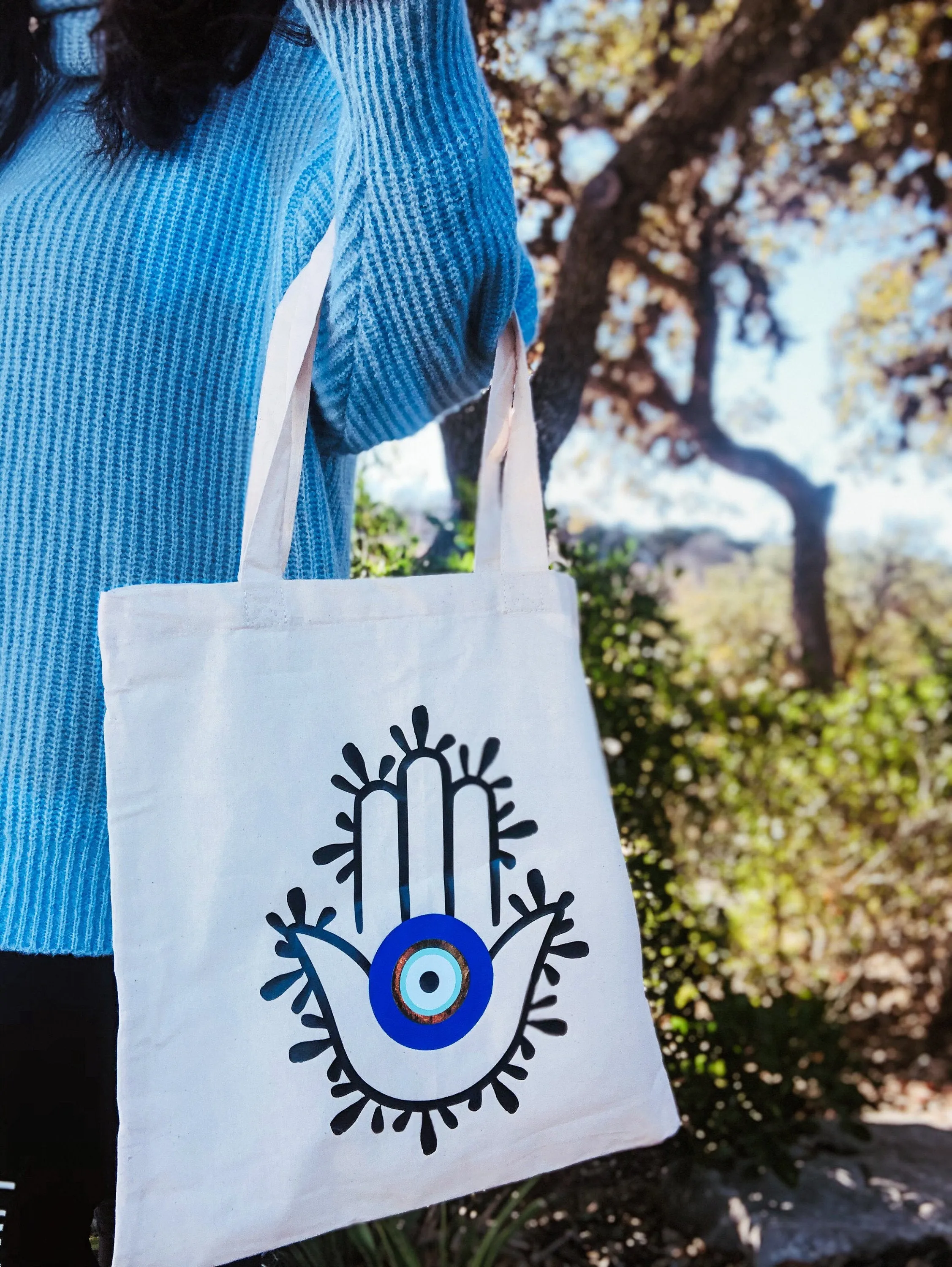 Evil Eye Design Hamsa Hand Tote Bag Handmade Natural Color