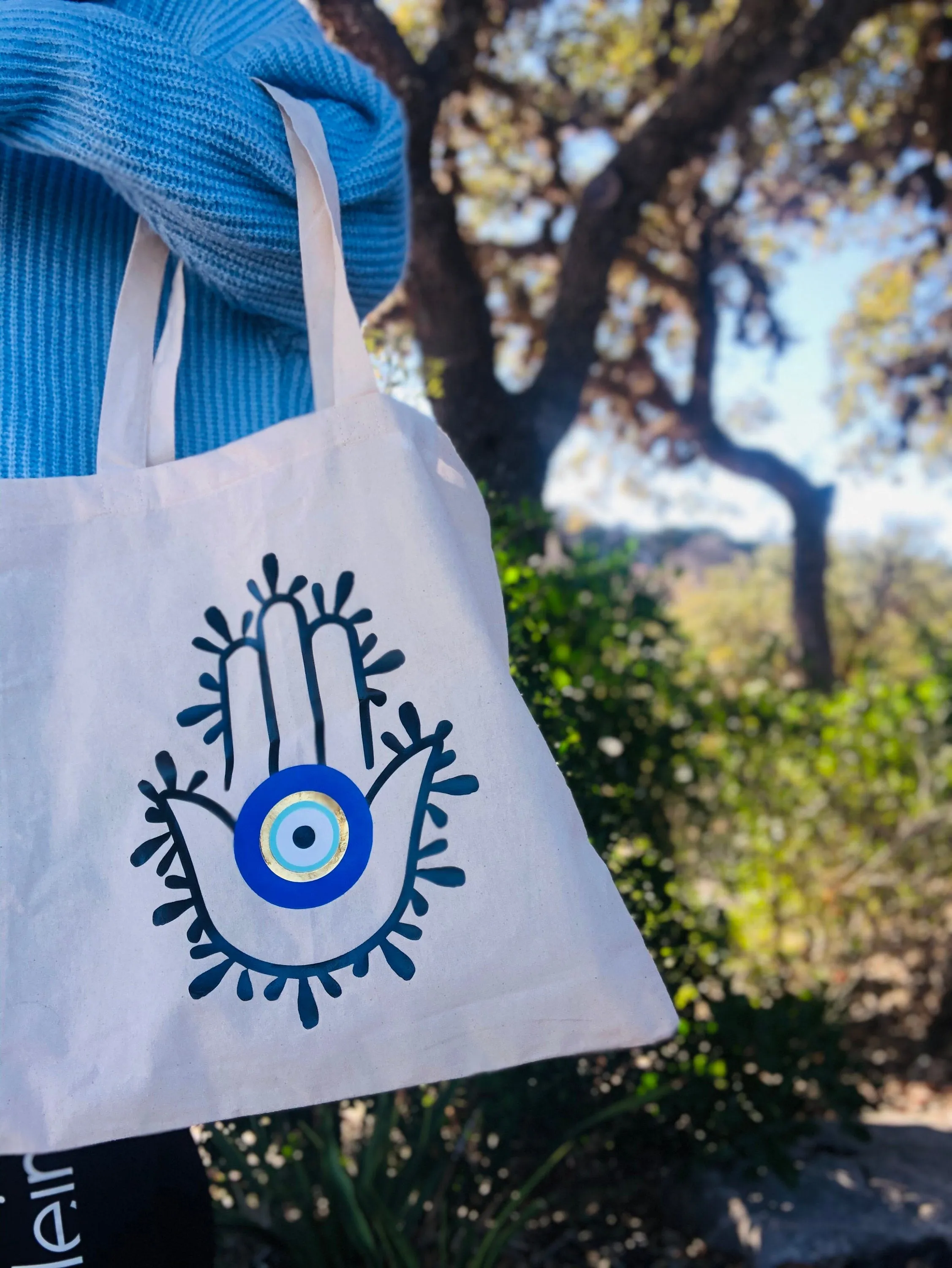 Evil Eye Design Hamsa Hand Tote Bag Handmade Natural Color