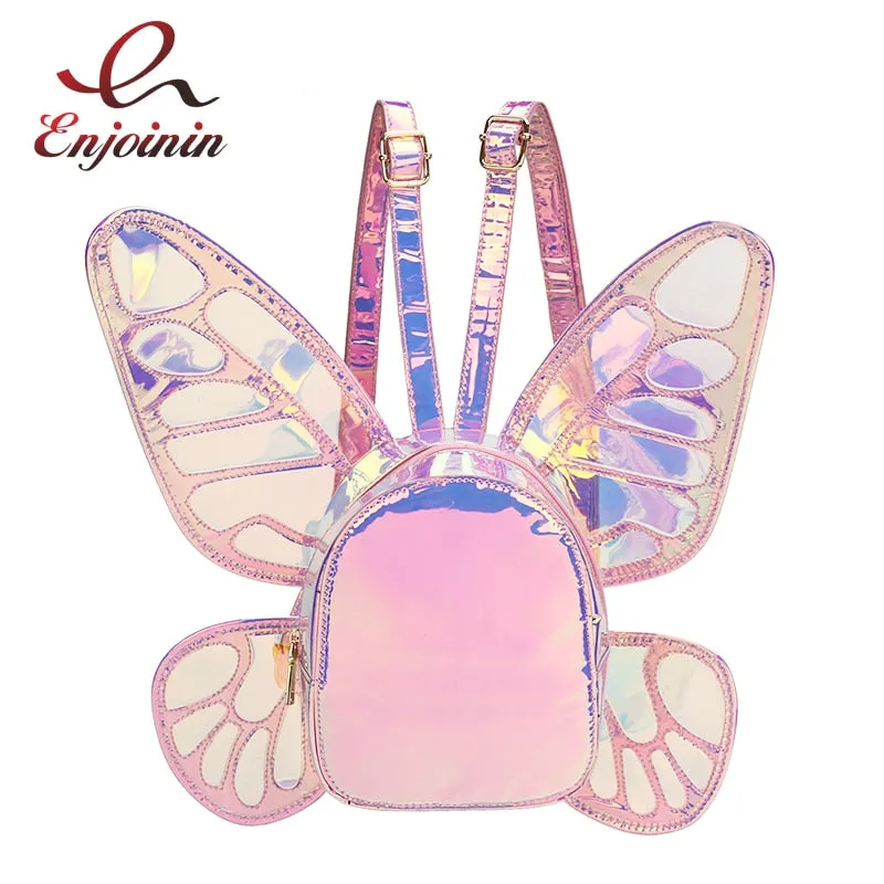 Fashion Women's Laser Mini Backpack Butterfly Angel Wings Daypack for Girls Travel Casual Daypack School Bag Holographic Leather