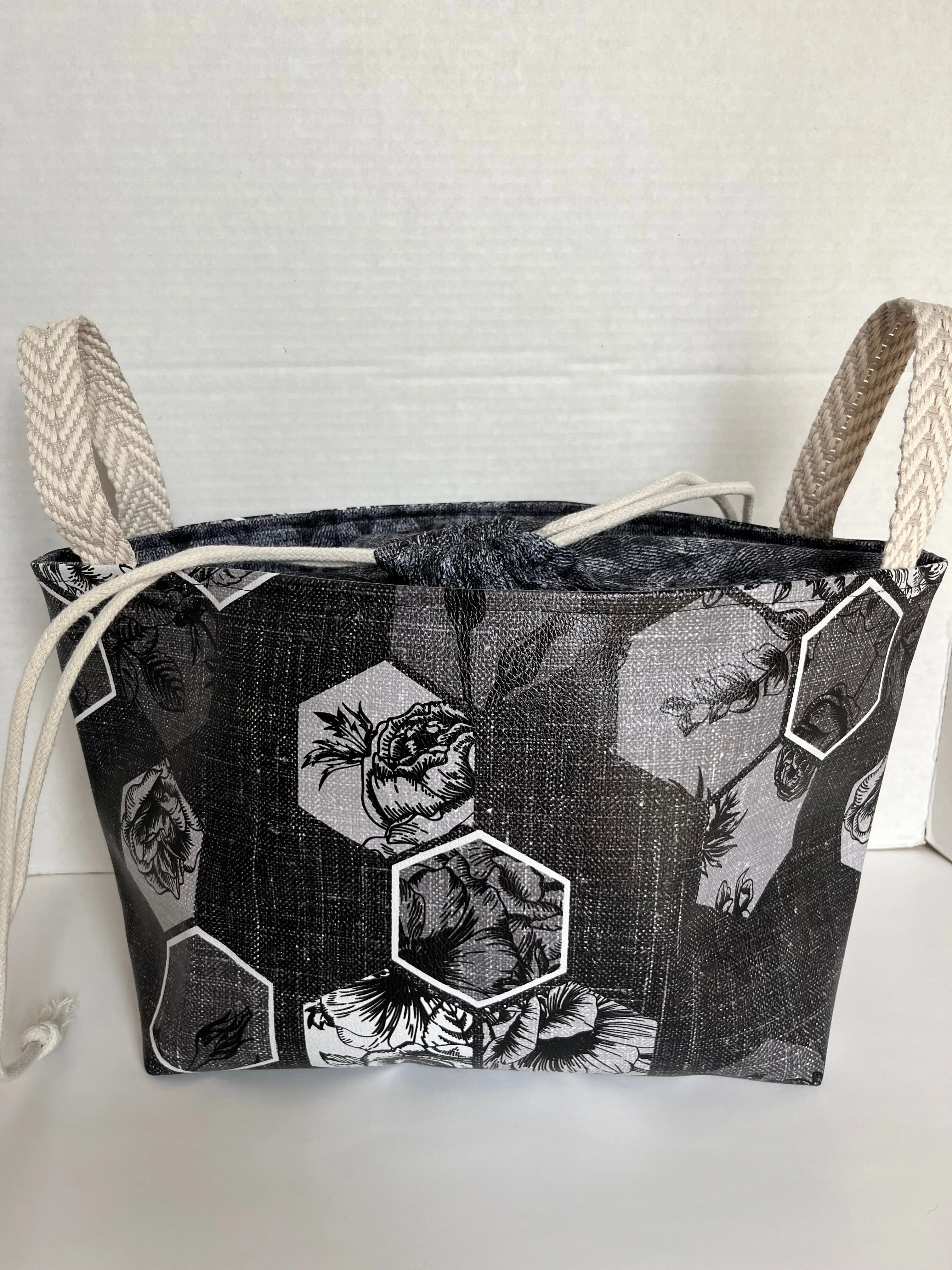 Floral Hexagons Grey and Black Vinyl Storage Bucket, Project Bag