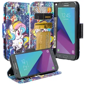 Galaxy J3 Emerge Case, Wrist Strap Magnetic Fold[Kickstand] Pu Leather Wallet Case with ID & Credit Card Slots for Samsung Galaxy J3 Emerge - Rainbow Unicorn