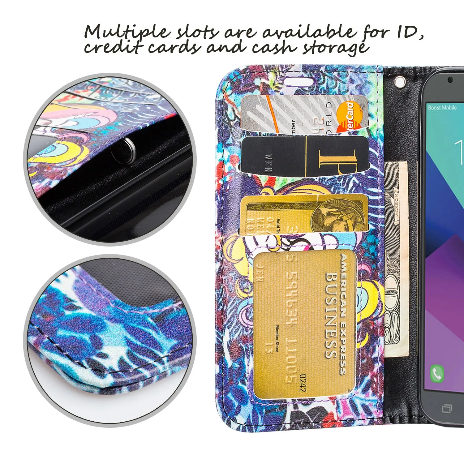 Galaxy J3 Emerge Case, Wrist Strap Magnetic Fold[Kickstand] Pu Leather Wallet Case with ID & Credit Card Slots for Samsung Galaxy J3 Emerge - Rainbow Unicorn