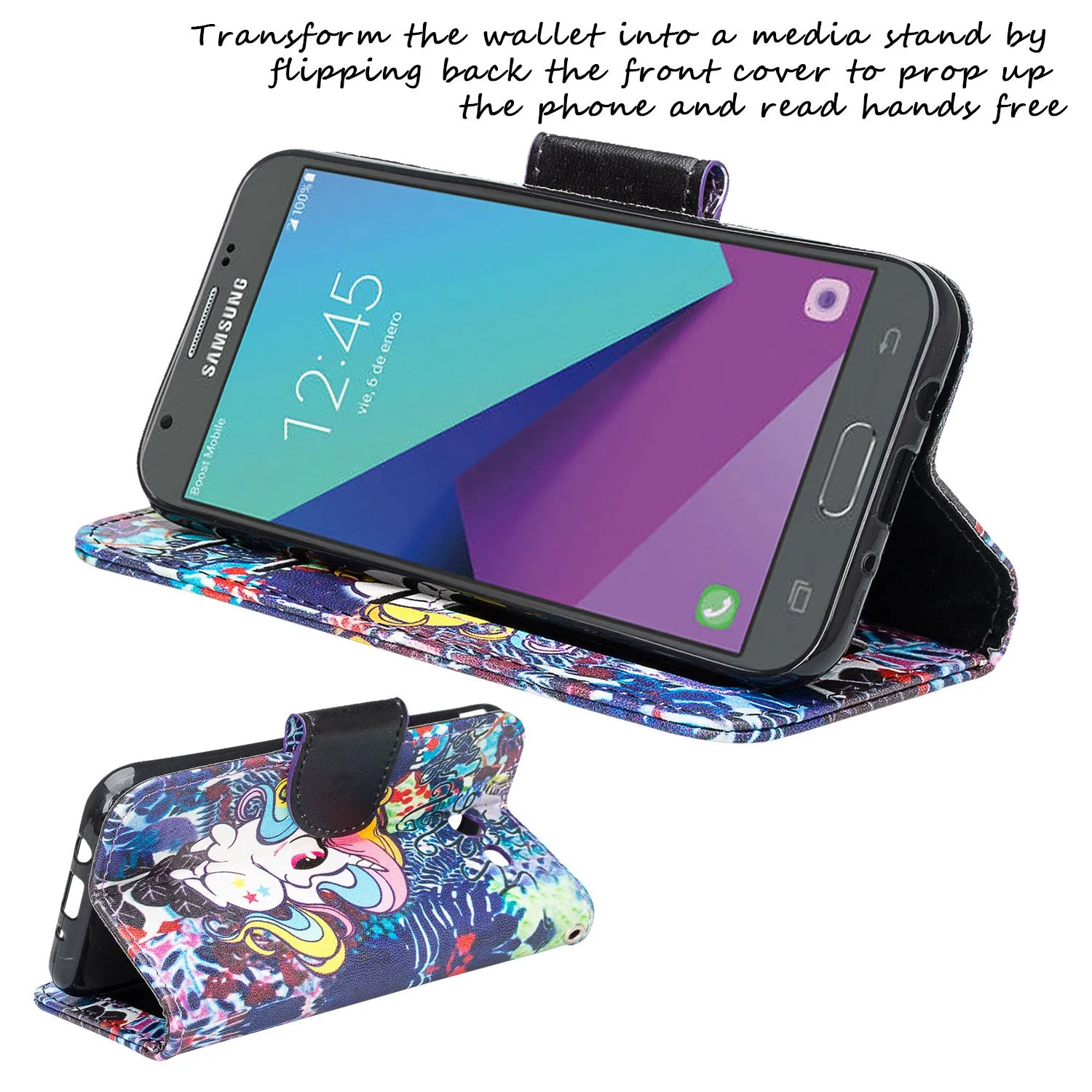 Galaxy J3 Emerge Case, Wrist Strap Magnetic Fold[Kickstand] Pu Leather Wallet Case with ID & Credit Card Slots for Samsung Galaxy J3 Emerge - Rainbow Unicorn