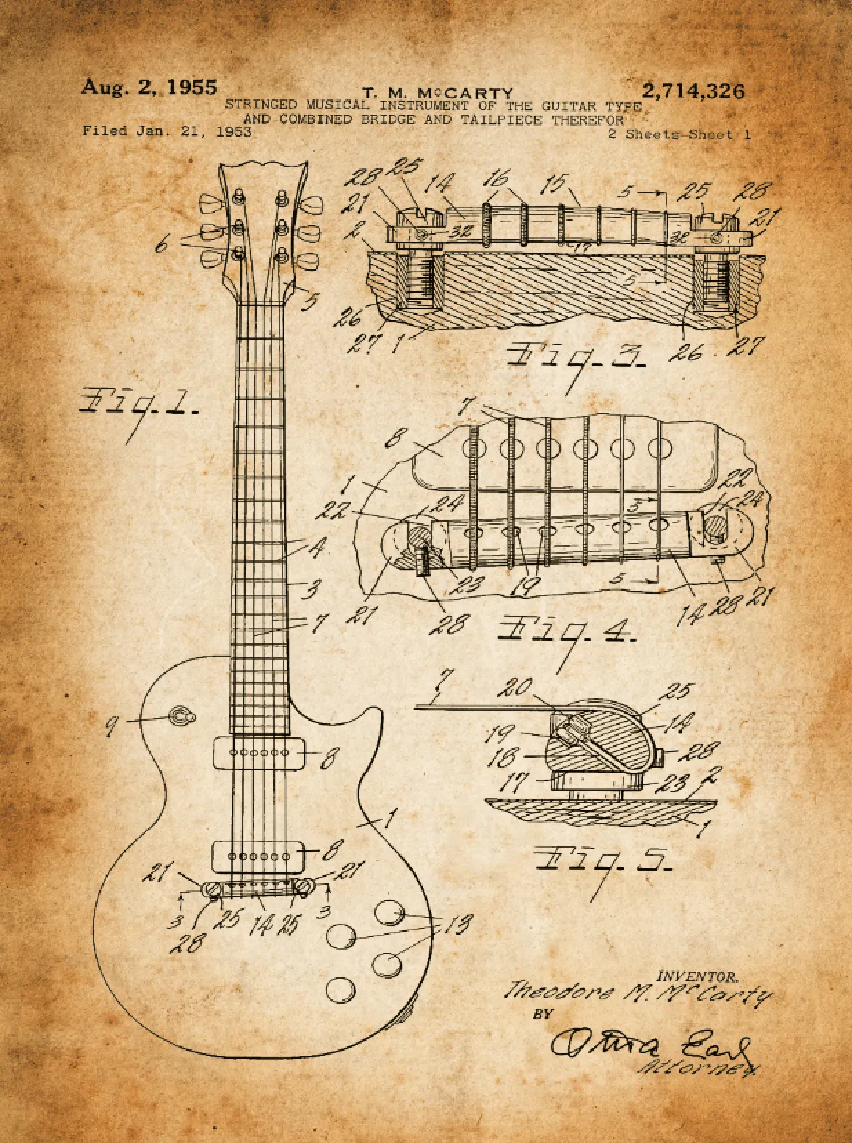 Gibson Guitar Patent Print Art on Canvas