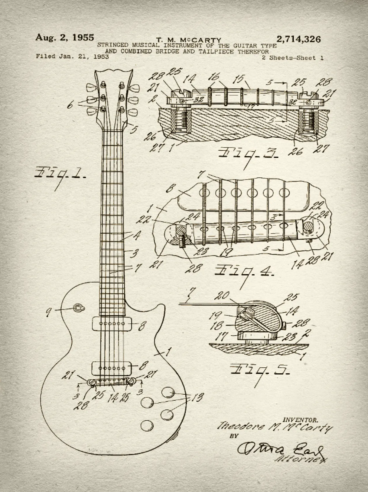 Gibson Guitar Patent Print Art on Canvas