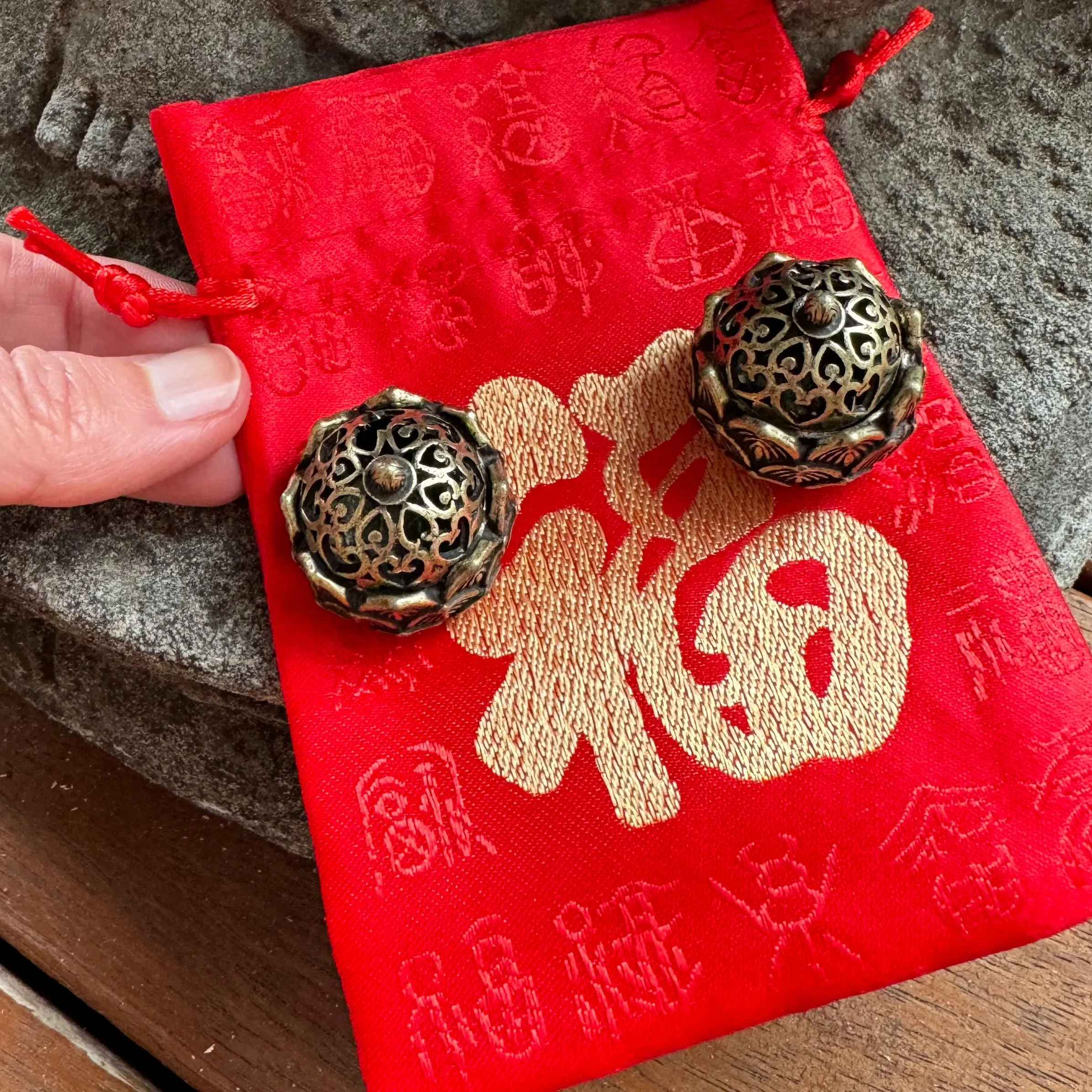 Gift Set - 2 mini brass lotus flowers in Chinese Red Silk Bag