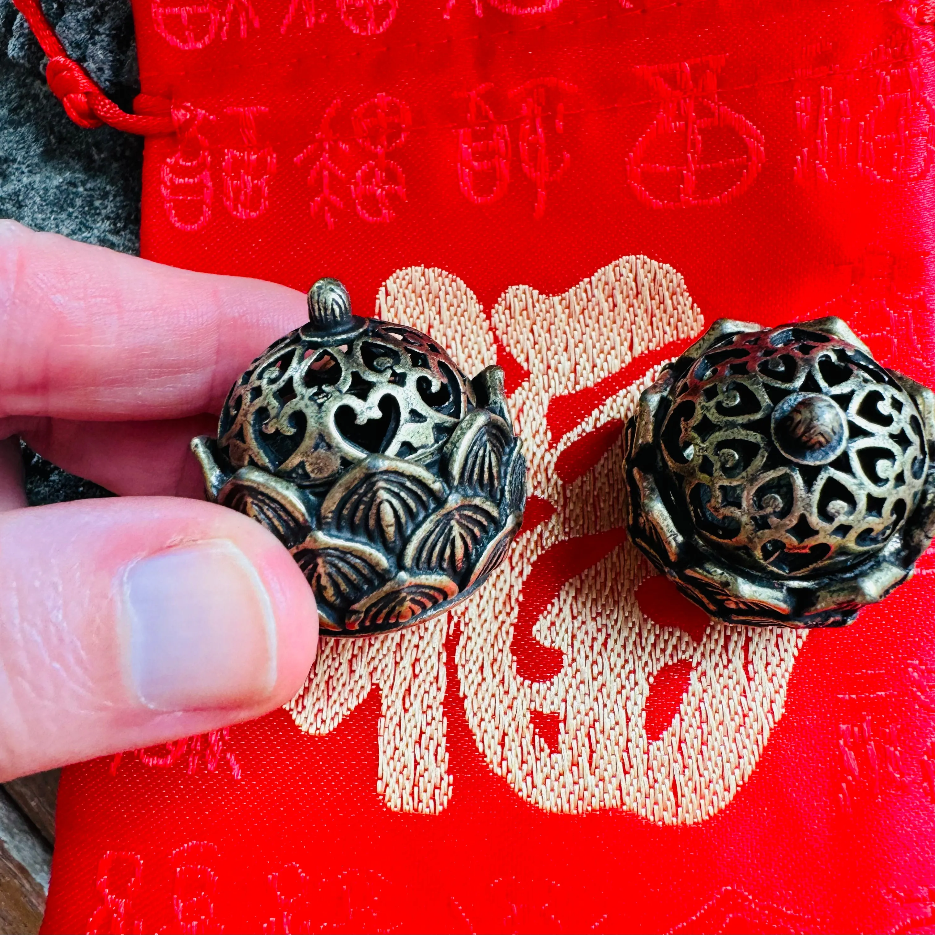 Gift Set - 2 mini brass lotus flowers in Chinese Red Silk Bag