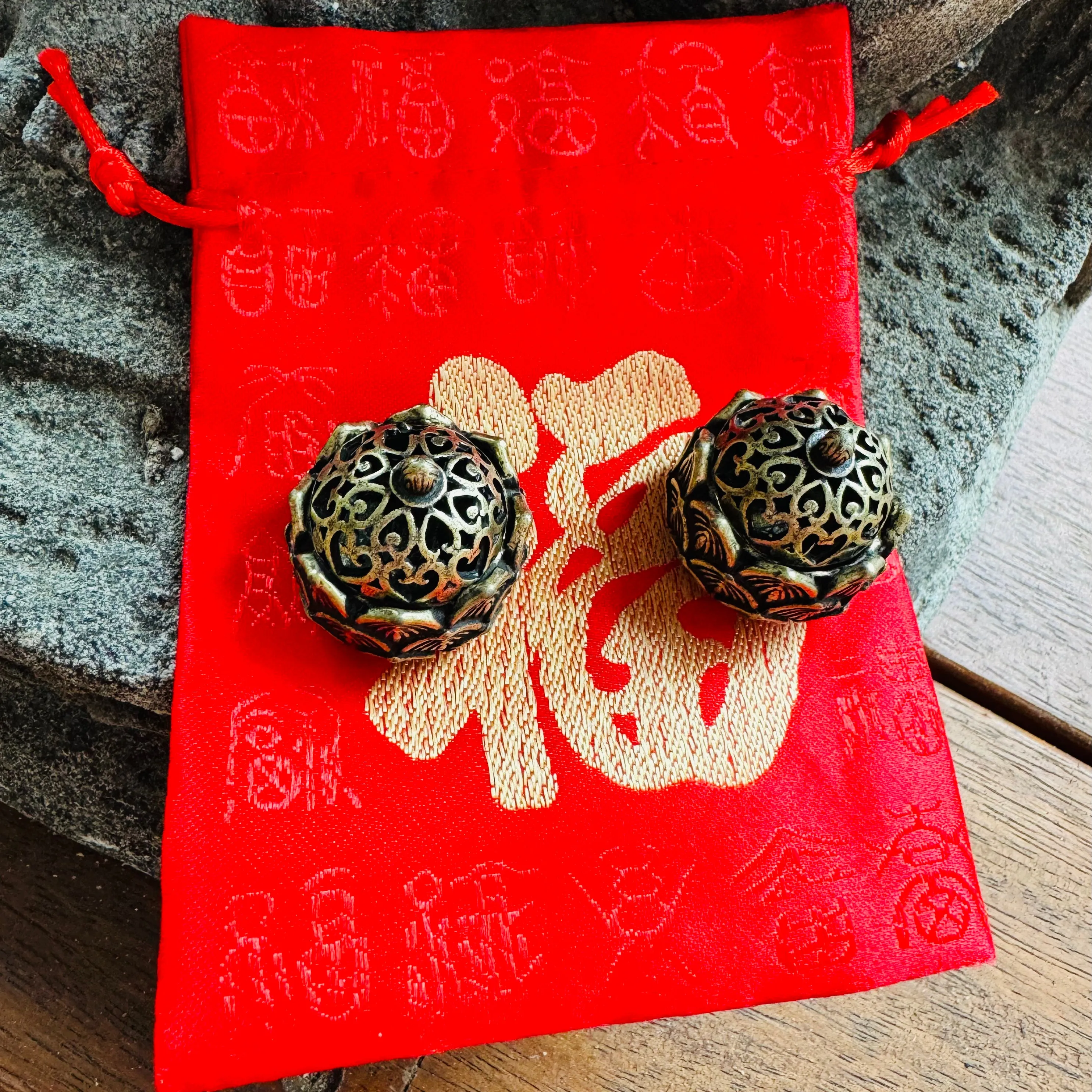 Gift Set - 2 mini brass lotus flowers in Chinese Red Silk Bag