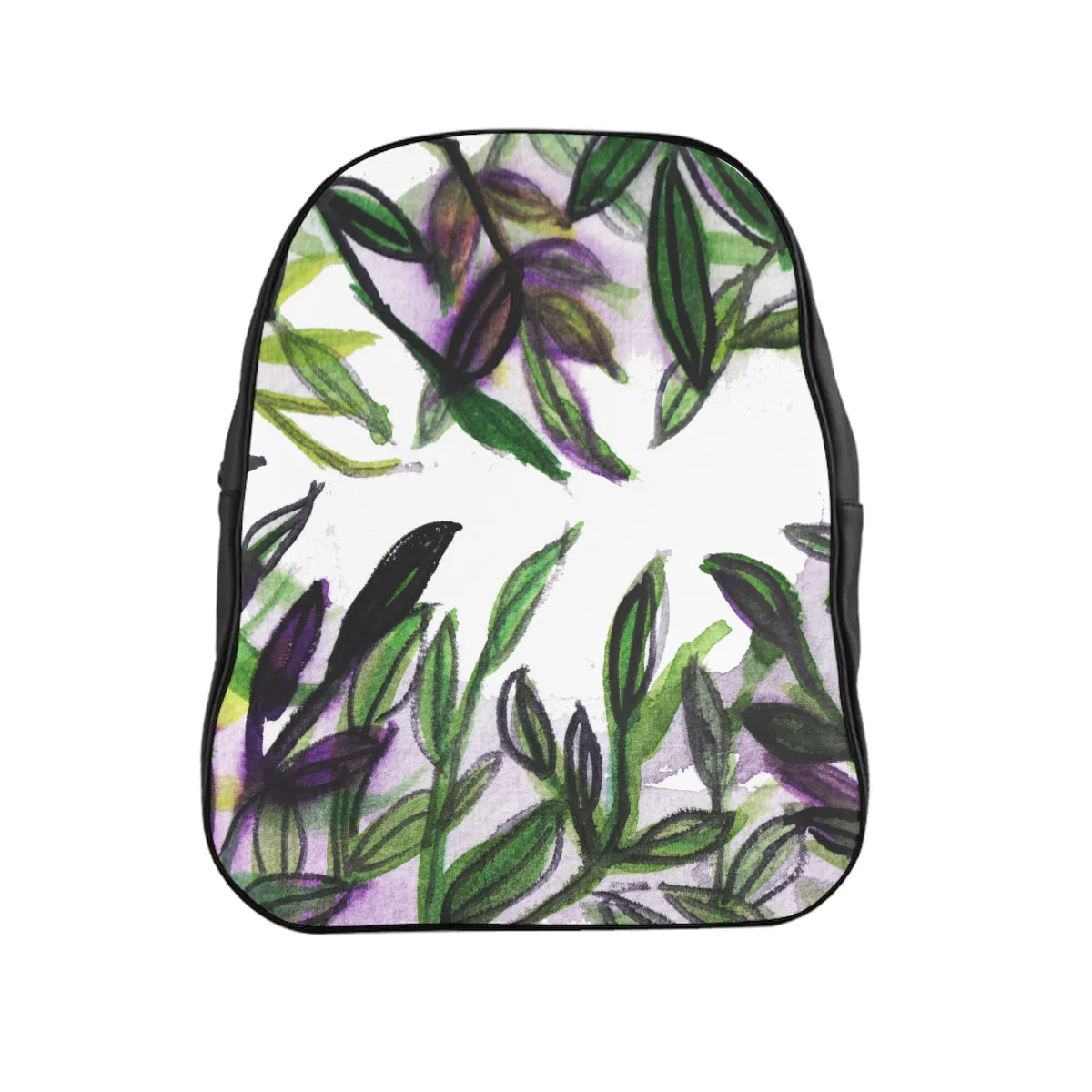 Green Tropical Leaf Print Bag, Purple Tropical Leaves Print School Backpack School Bag