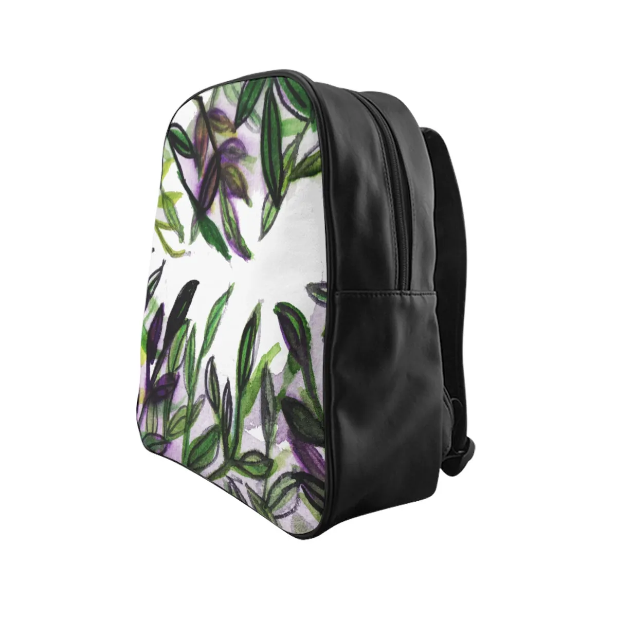 Green Tropical Leaf Print Bag, Purple Tropical Leaves Print School Backpack School Bag