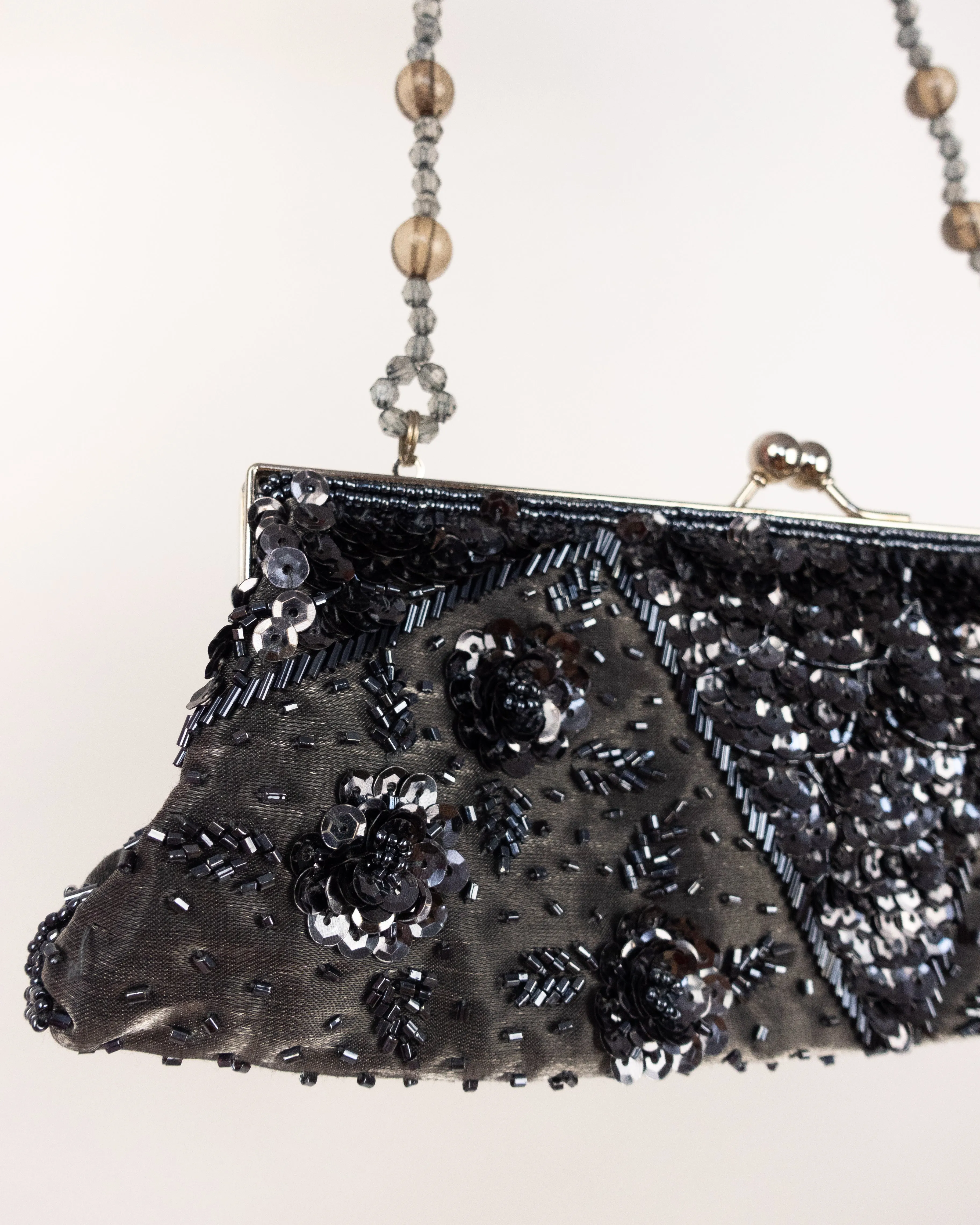 Grey Satin Rectangular Mini Handbag with Floral Sequin Embroidery