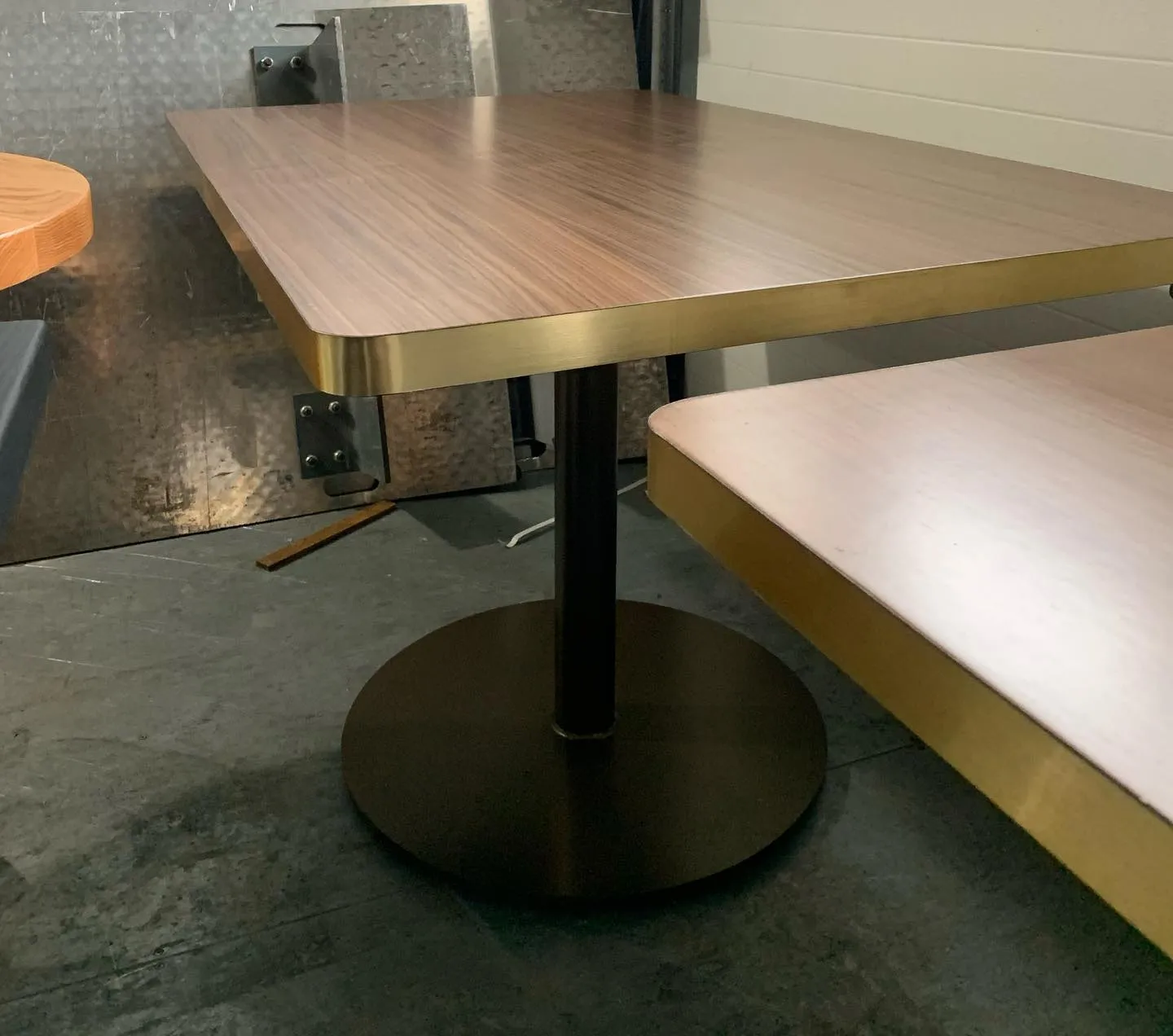 Handcrafted Brushed Brass Edge Solid Walnut Restaurant Table Tops