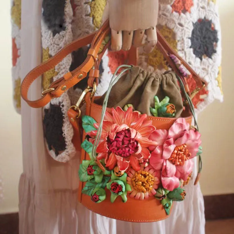 Handmade Vintage Three-Dimensional Flower Clusters Leather Handbag Bucket Bag for Women