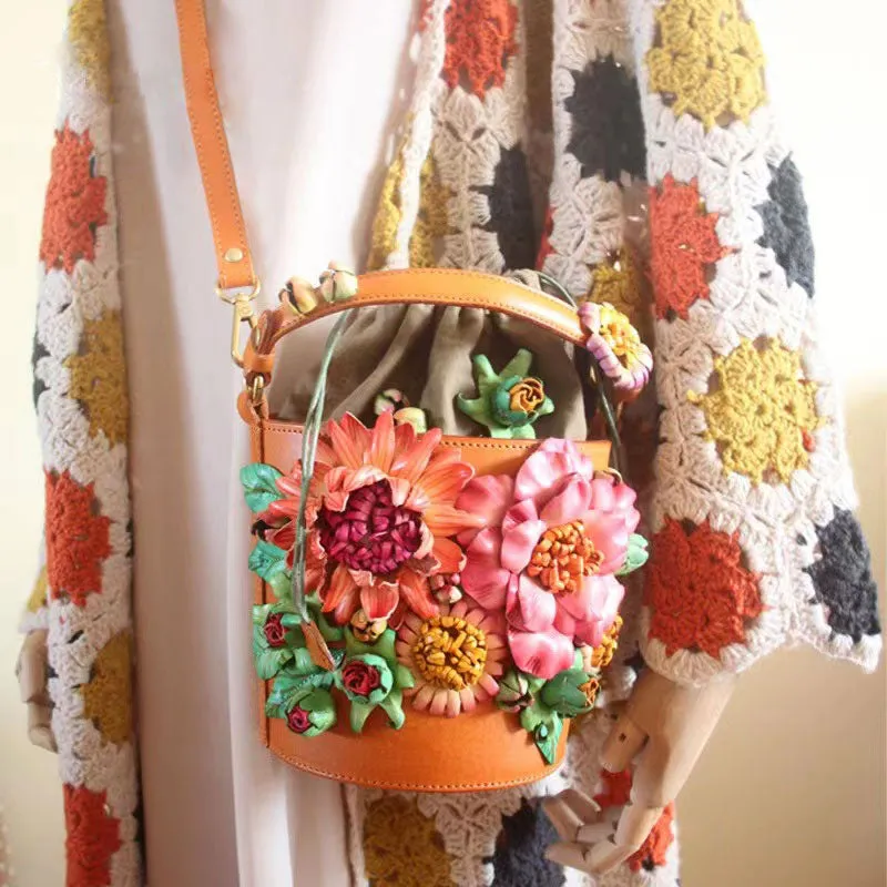 Handmade Vintage Three-Dimensional Flower Clusters Leather Handbag Bucket Bag for Women