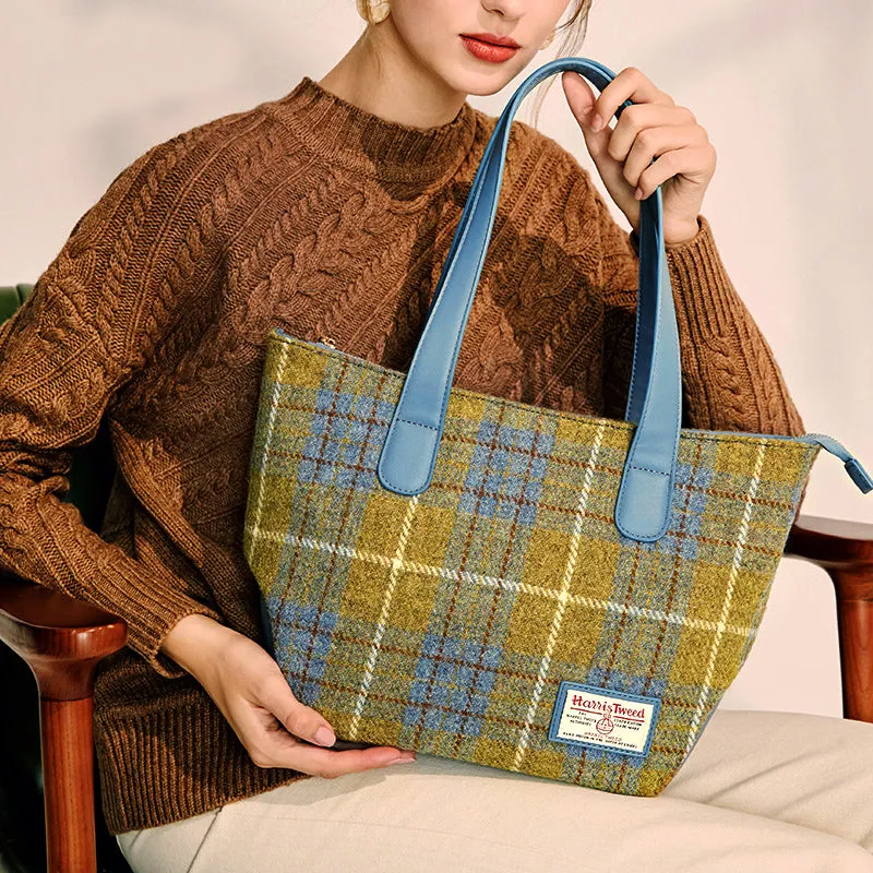 Harris Tweed Wool Plaid Color-Blocked Handmade Tote Bag-i7bags