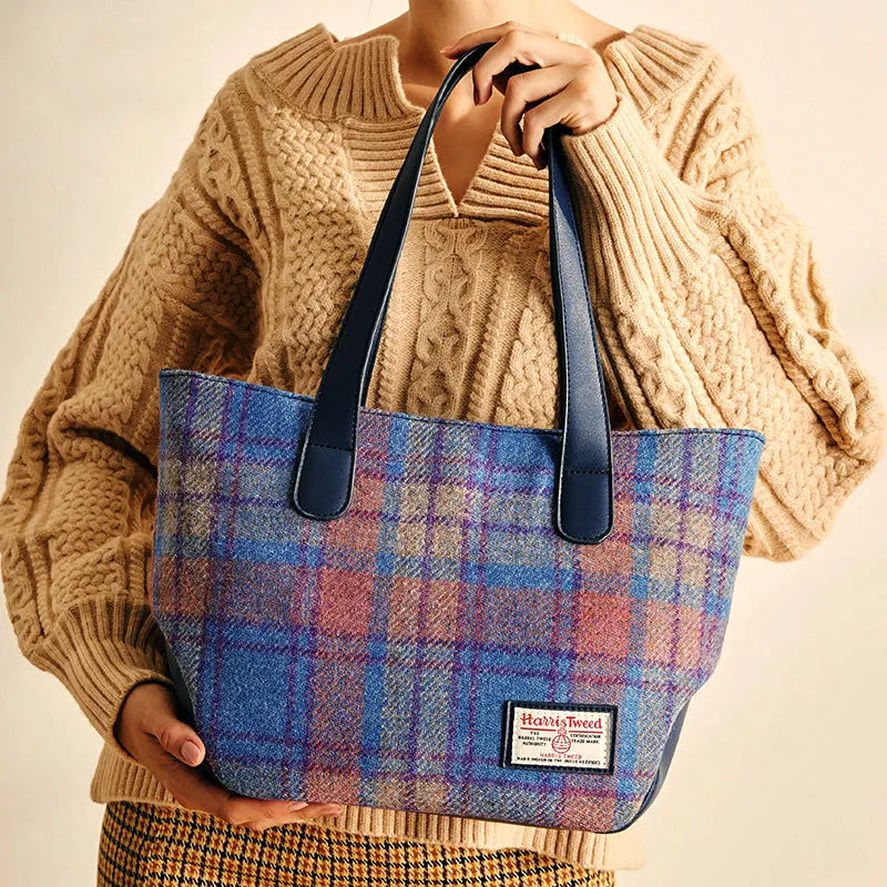 Harris Tweed Wool Plaid Color-Blocked Handmade Tote Bag-i7bags